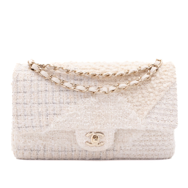 Chanel Classic Double Flap Medium White Creme Patchwork Tweed CGHW