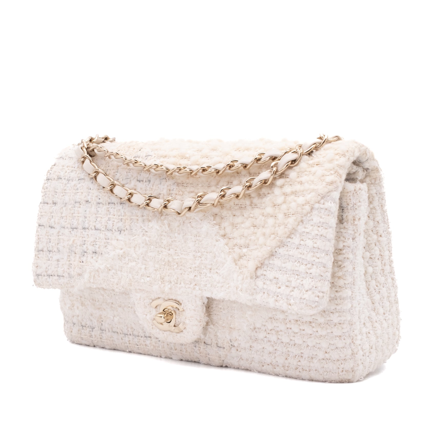 Chanel Classic Double Flap Medium White Creme Patchwork Tweed CGHW