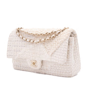 Chanel Classic Double Flap Medium White Creme Patchwork Tweed CGHW