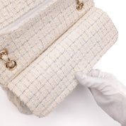 Chanel Classic Double Flap Medium White Creme Patchwork Tweed CGHW