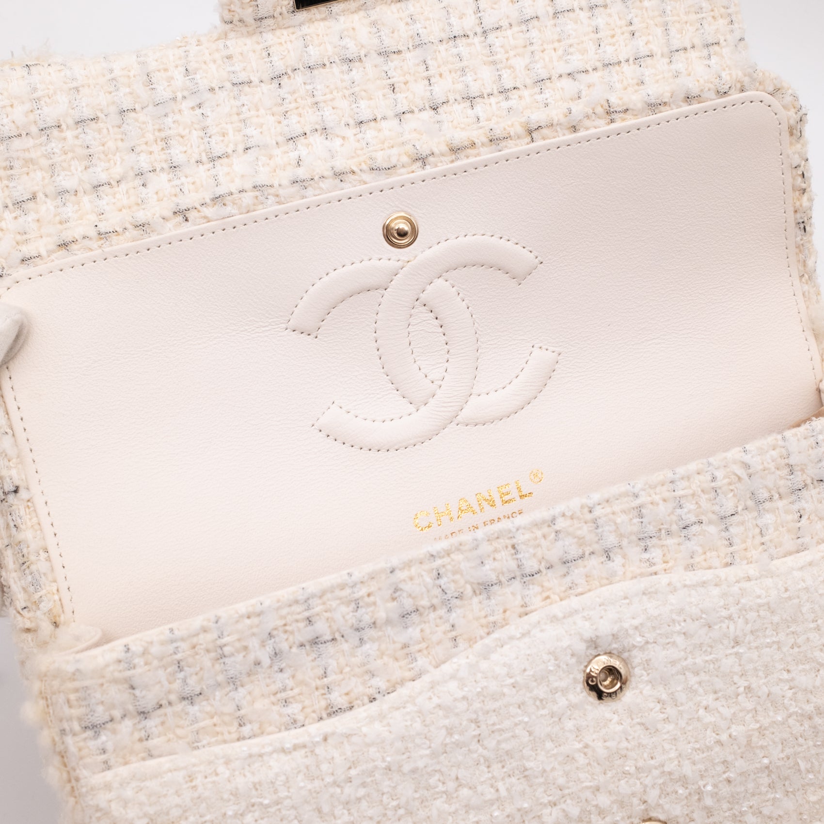 Chanel Classic Double Flap Medium White Creme Patchwork Tweed CGHW