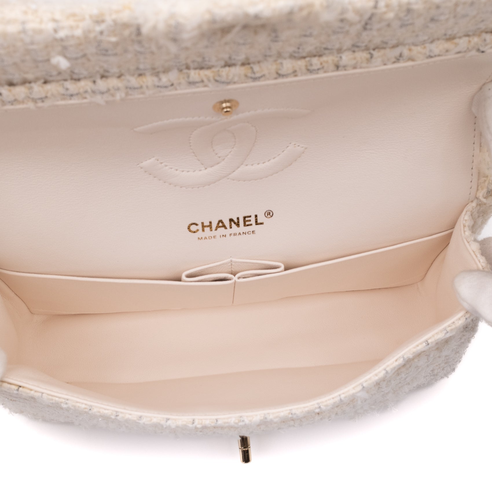 Chanel Classic Double Flap Medium White Creme Patchwork Tweed CGHW