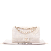 Chanel Classic Double Flap Medium White Creme Patchwork Tweed CGHW