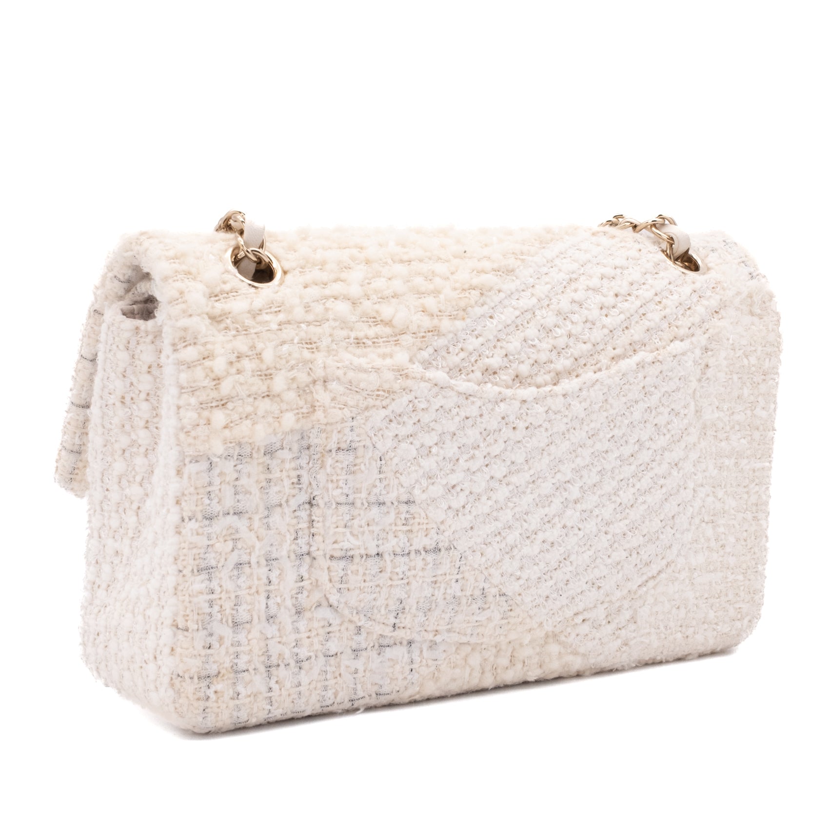 Chanel Classic Double Flap Medium White Creme Patchwork Tweed CGHW