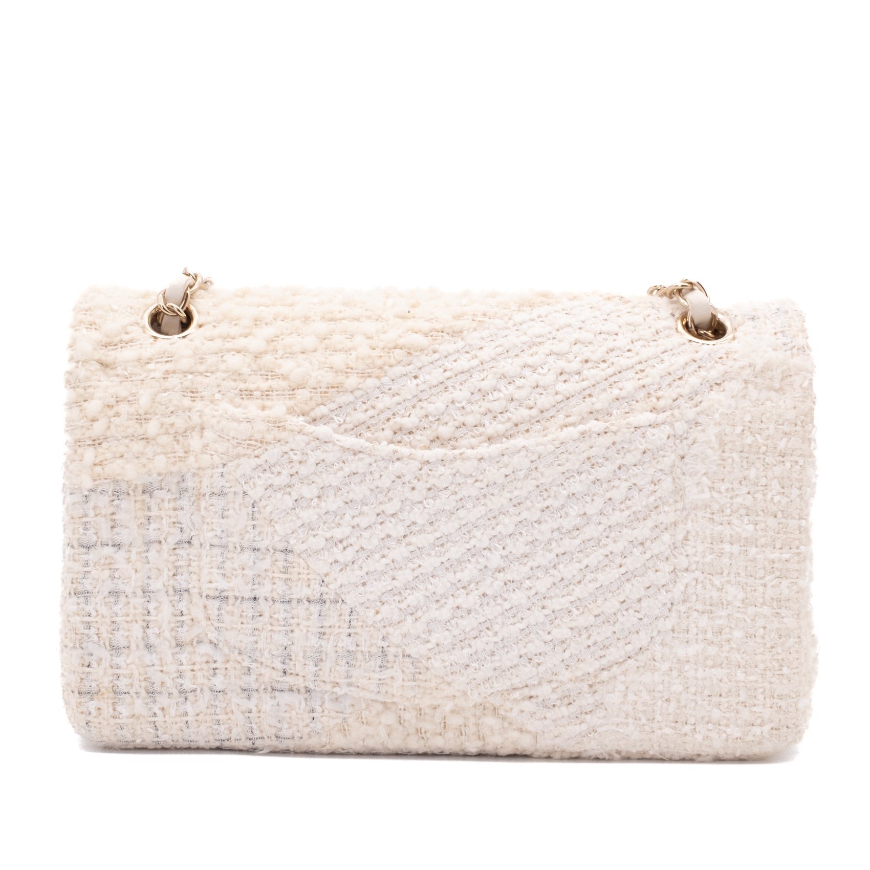 Chanel Classic Double Flap Medium White Creme Patchwork Tweed CGHW