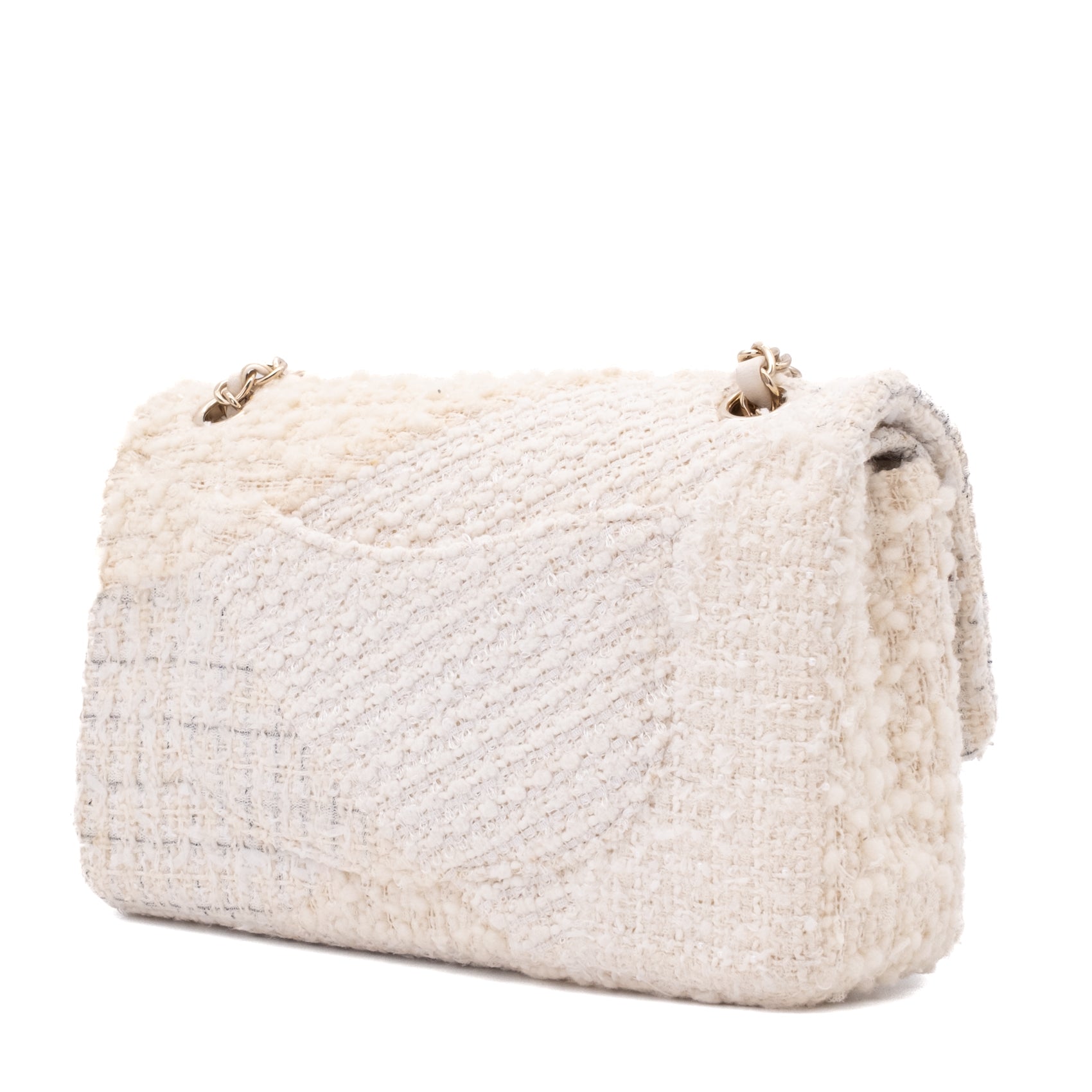 Chanel Classic Double Flap Medium White Creme Patchwork Tweed CGHW