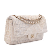 Chanel Classic Double Flap Medium White Creme Patchwork Tweed CGHW