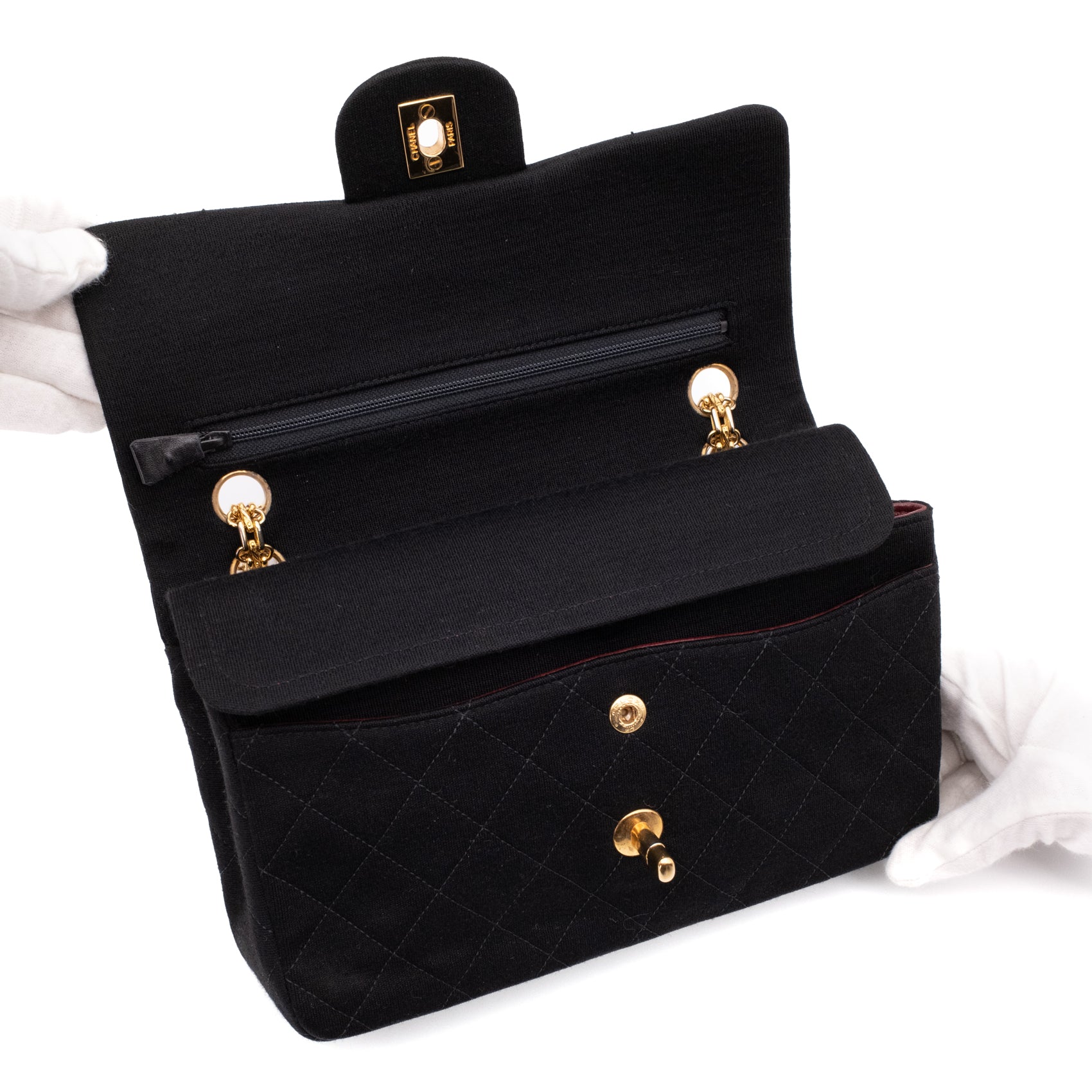 Chanel Classic Double Flap Bag Small Jersey Schwarz 24k GHW