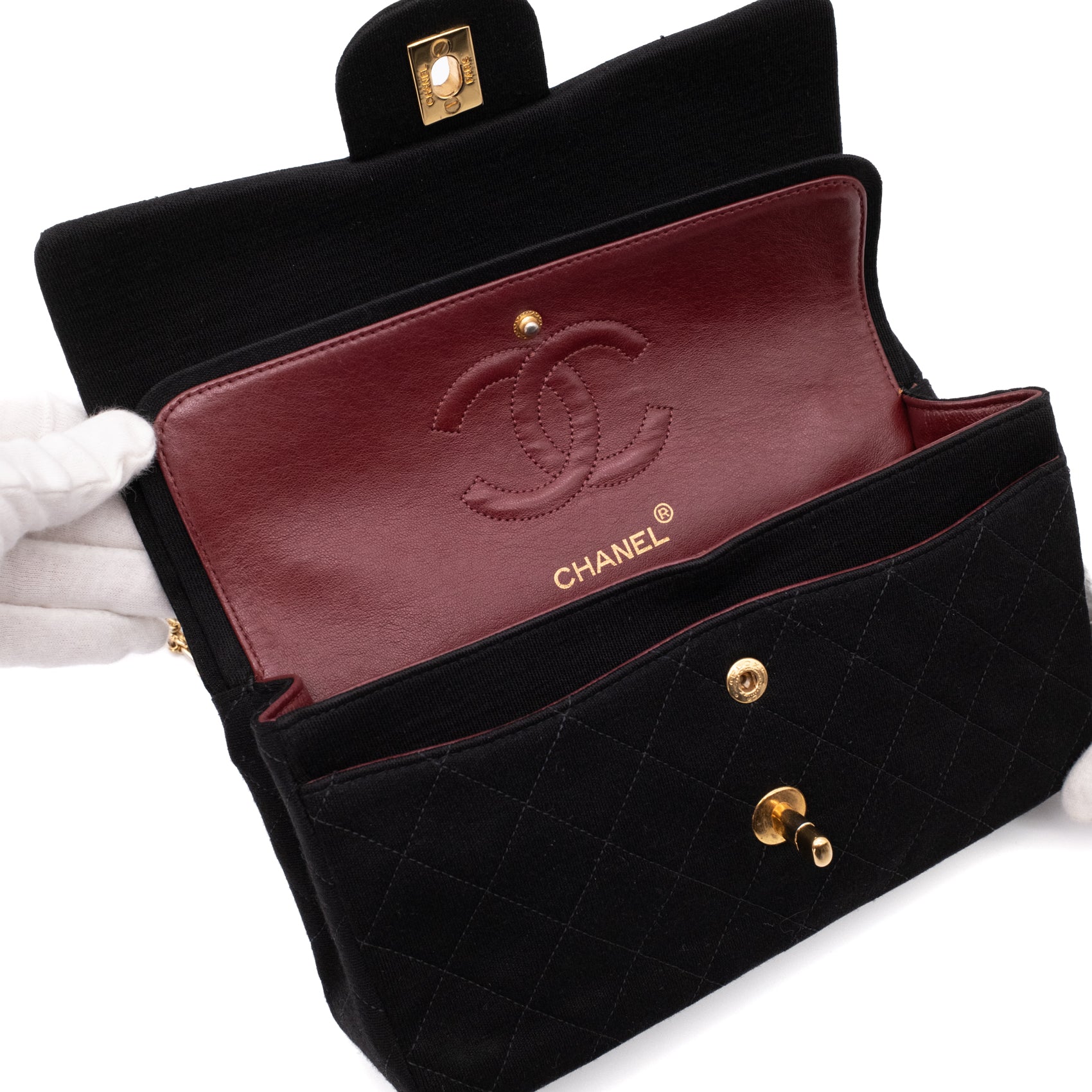 Chanel Classic Double Flap Bag Small Jersey Schwarz 24k GHW
