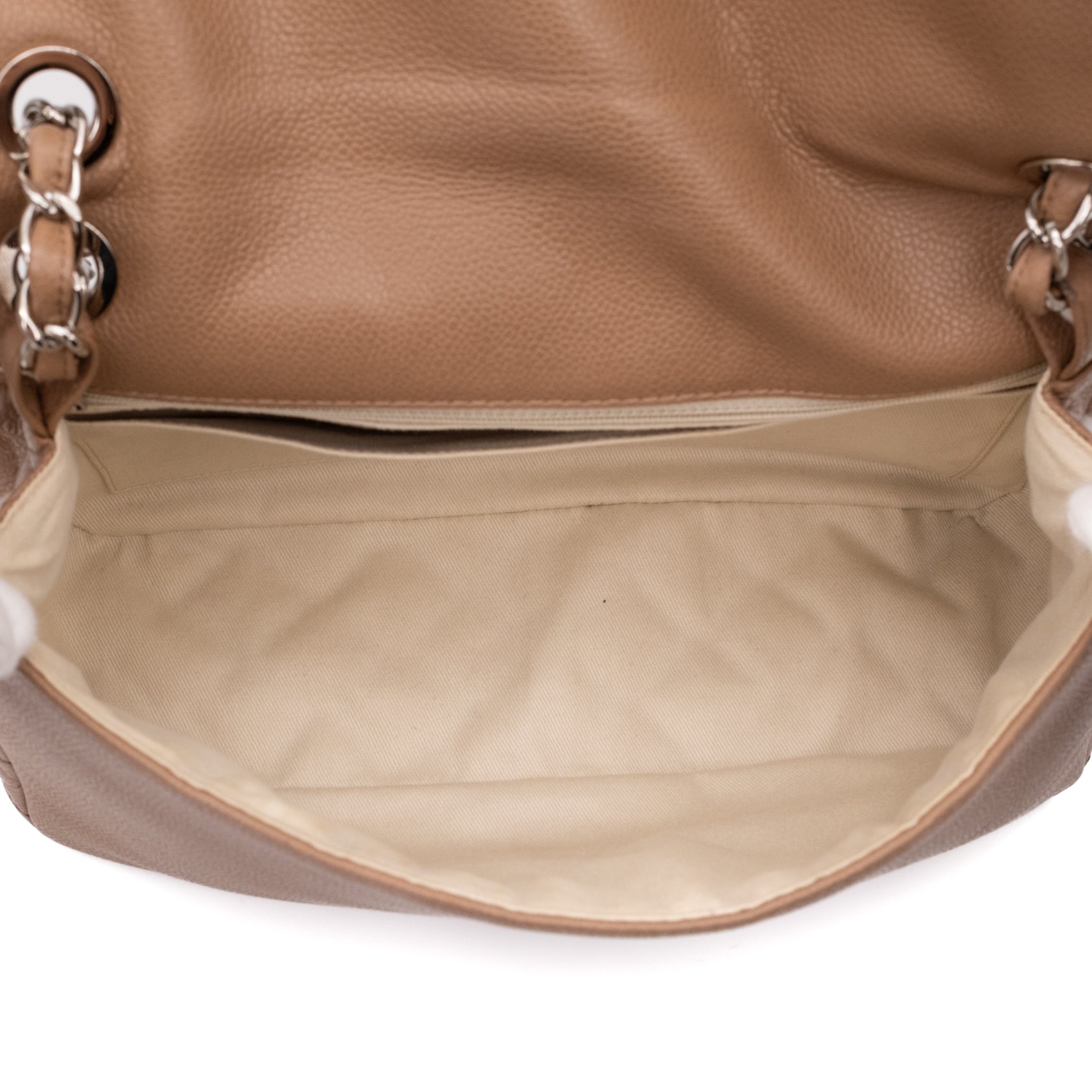 Chanel Classic Timeless Single Flap Jumbo Caviar Leder Beige Braun SHW