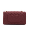 Weinrote Chanel Single Flap Bag in Medium Größe aus burgundy farbendem Jersey Material mit goldener Hardware Rückansicht 