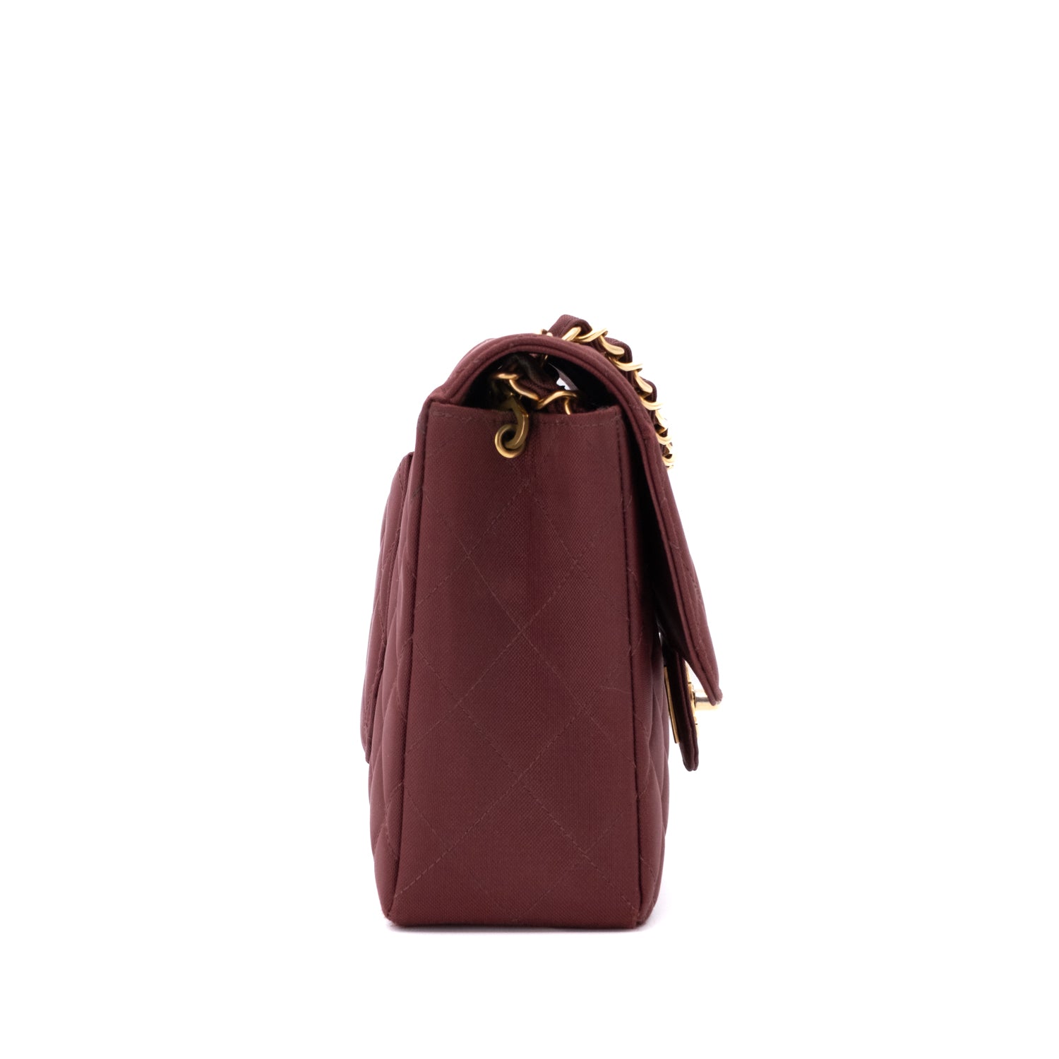 Weinrote Chanel Single Flap Bag in Medium Größe aus burgundy farbendem Jersey Material mit goldener Hardware