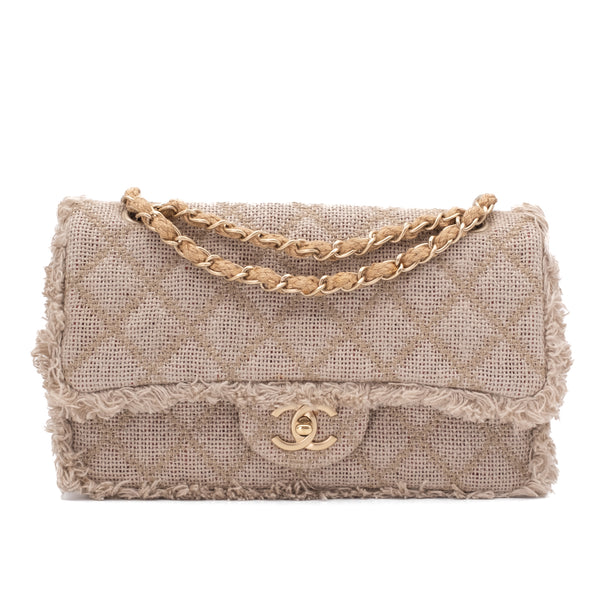 Chanel Classic Single Flap Bag Medium Tweed Fringes Beige GHW matt