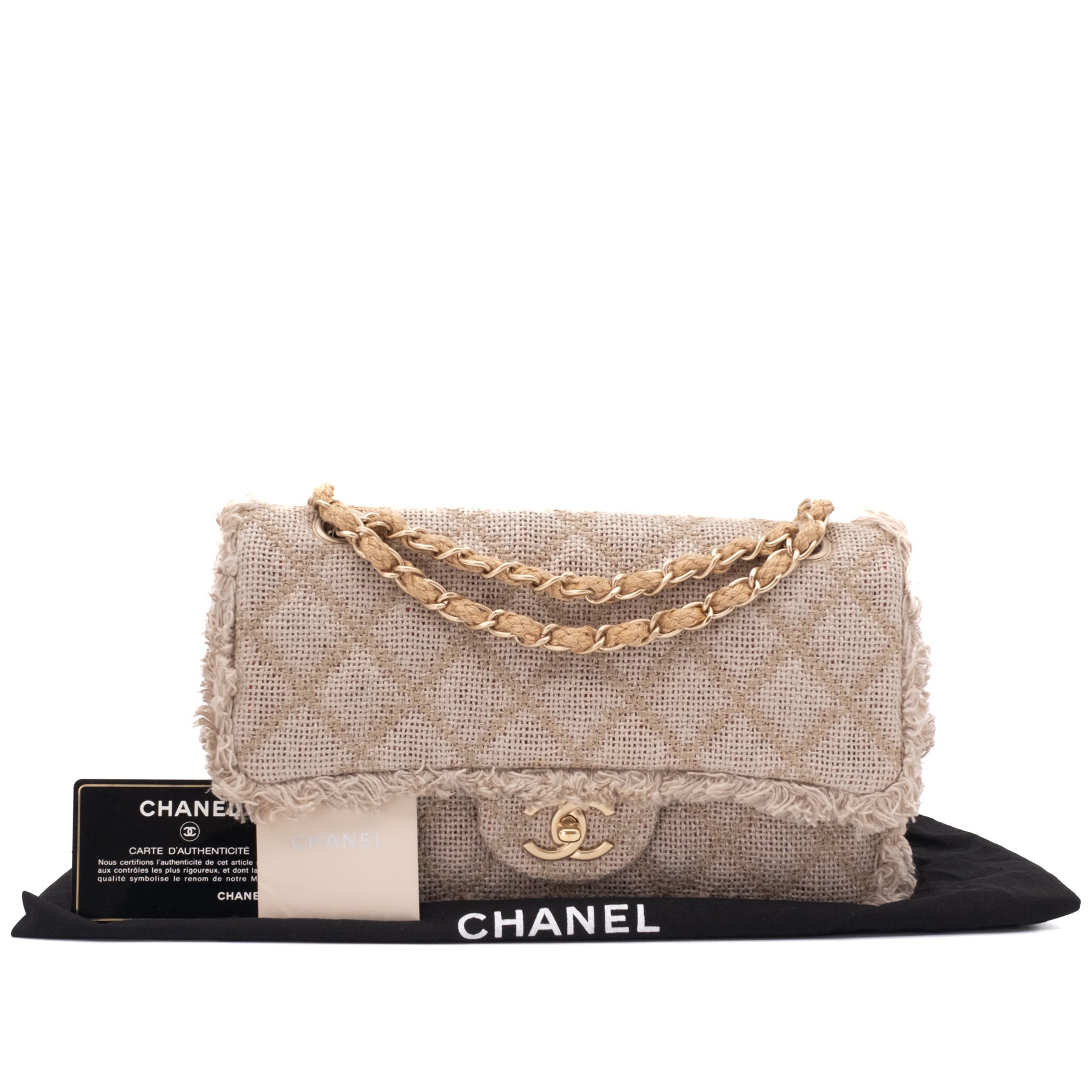 Chanel Classic Single Flap Bag Medium Tweed Fringes Beige GHW matt