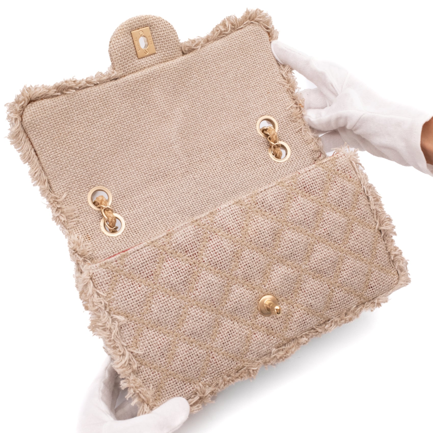Chanel Classic Single Flap Bag Medium Tweed Fringes Beige GHW matt