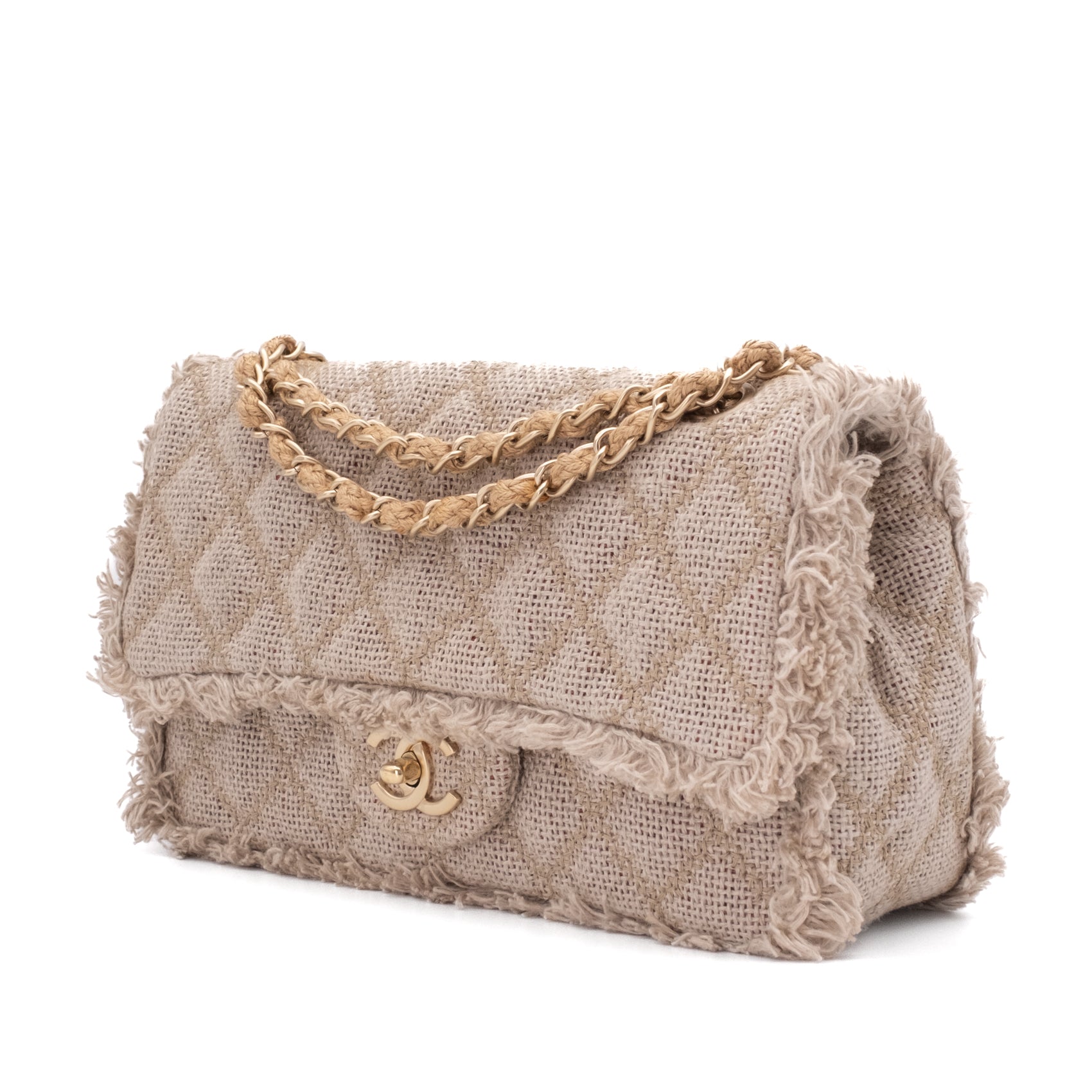 Chanel Classic Single Flap Bag Medium Tweed Fringes Beige GHW matt