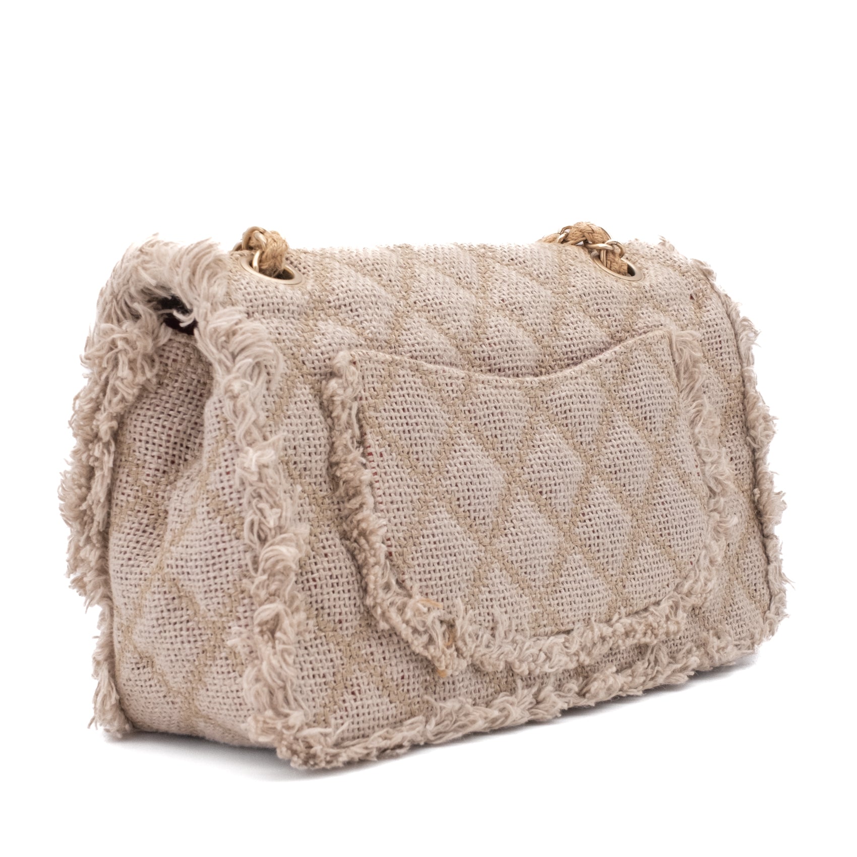 Chanel Classic Single Flap Bag Medium Tweed Fringes Beige GHW matt