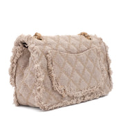 Chanel Classic Single Flap Bag Medium Tweed Fringes Beige GHW matt