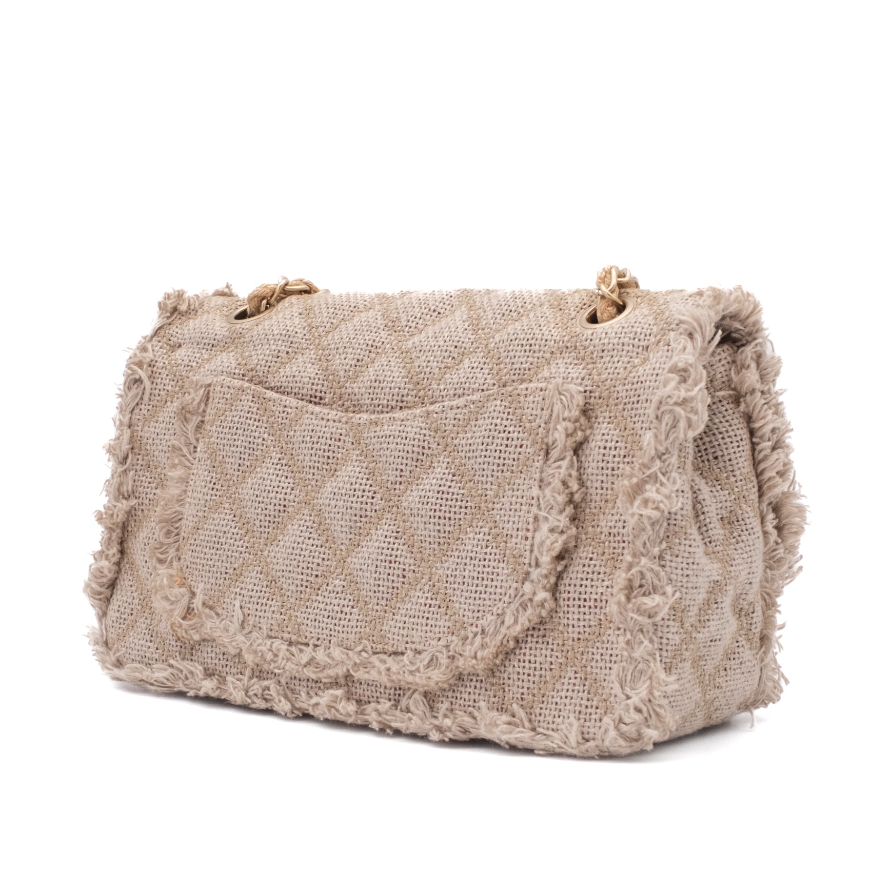 Chanel Classic Single Flap Bag Medium Tweed Fringes Beige GHW matt