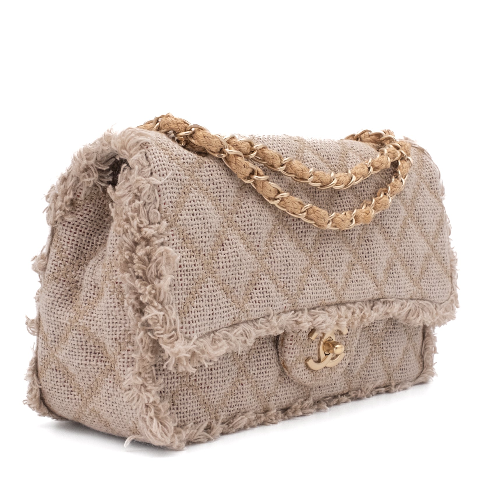 Chanel Classic Single Flap Bag Medium Tweed Fringes Beige GHW matt