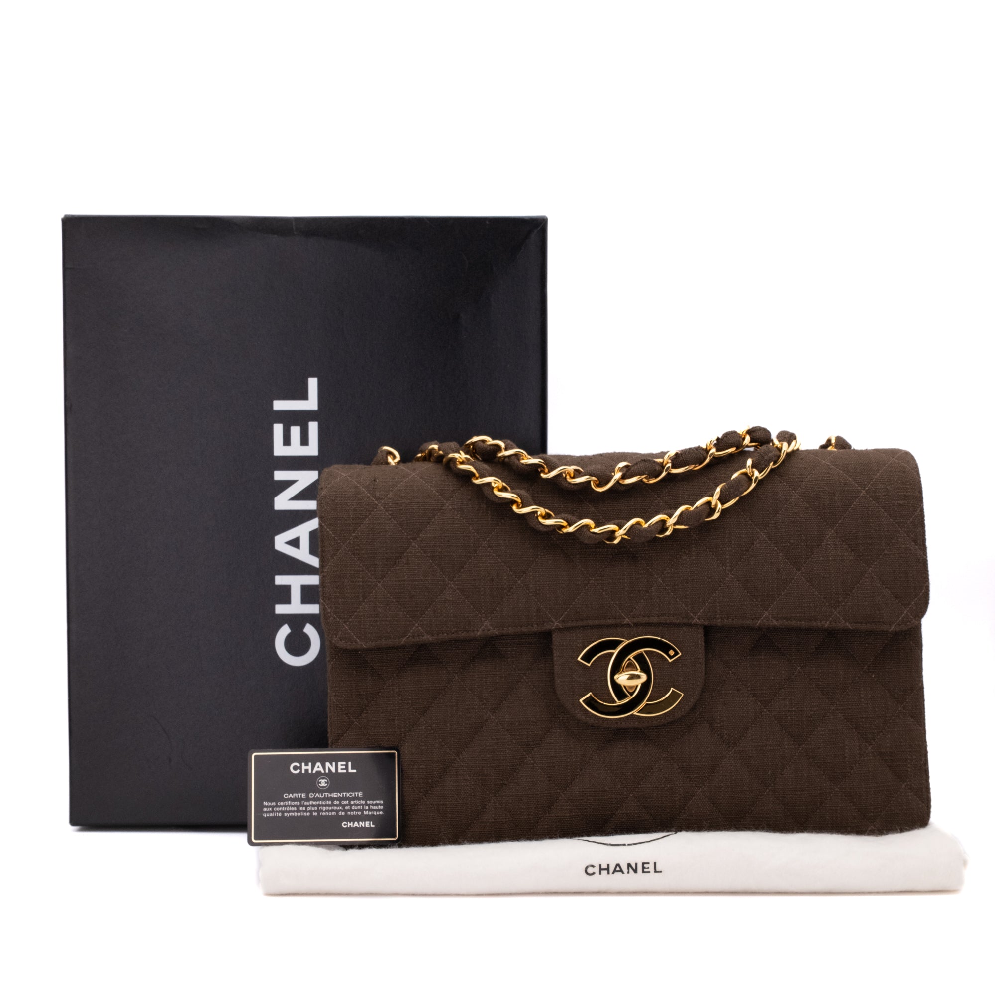 Vintage Chanel Classic Timeless Single Flap Bag in Jumbo Maxi Größe aus braunem Leinen Canvas Material mit goldener Hardware Lieferumfang 