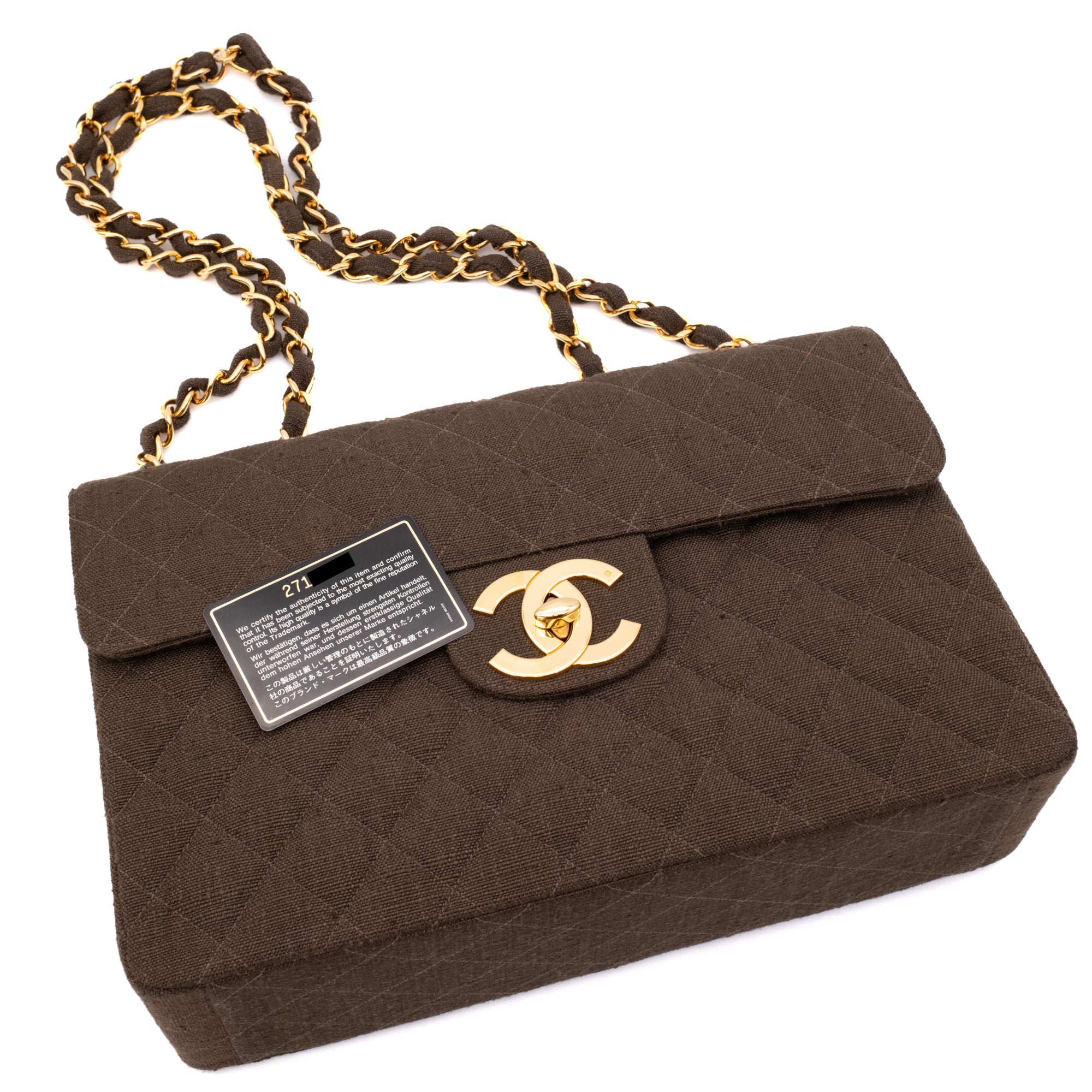 Vintage Chanel Classic Timeless Single Flap Bag in Jumbo Maxi Größe aus braunem Leinen Canvas Material mit goldener Hardware
