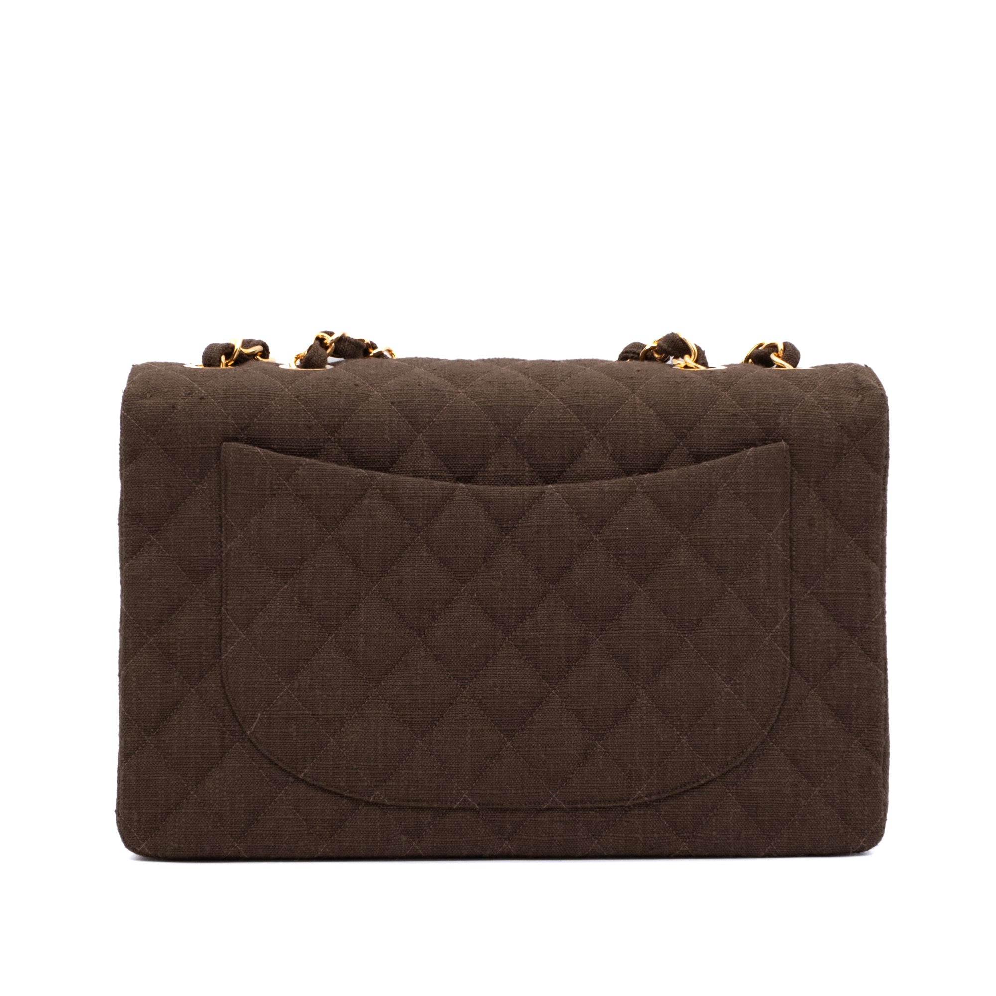 Vintage Chanel Classic Timeless Single Flap Bag in Jumbo Maxi Größe aus braunem Leinen Canvas Material mit goldener Hardware Rückansicht 