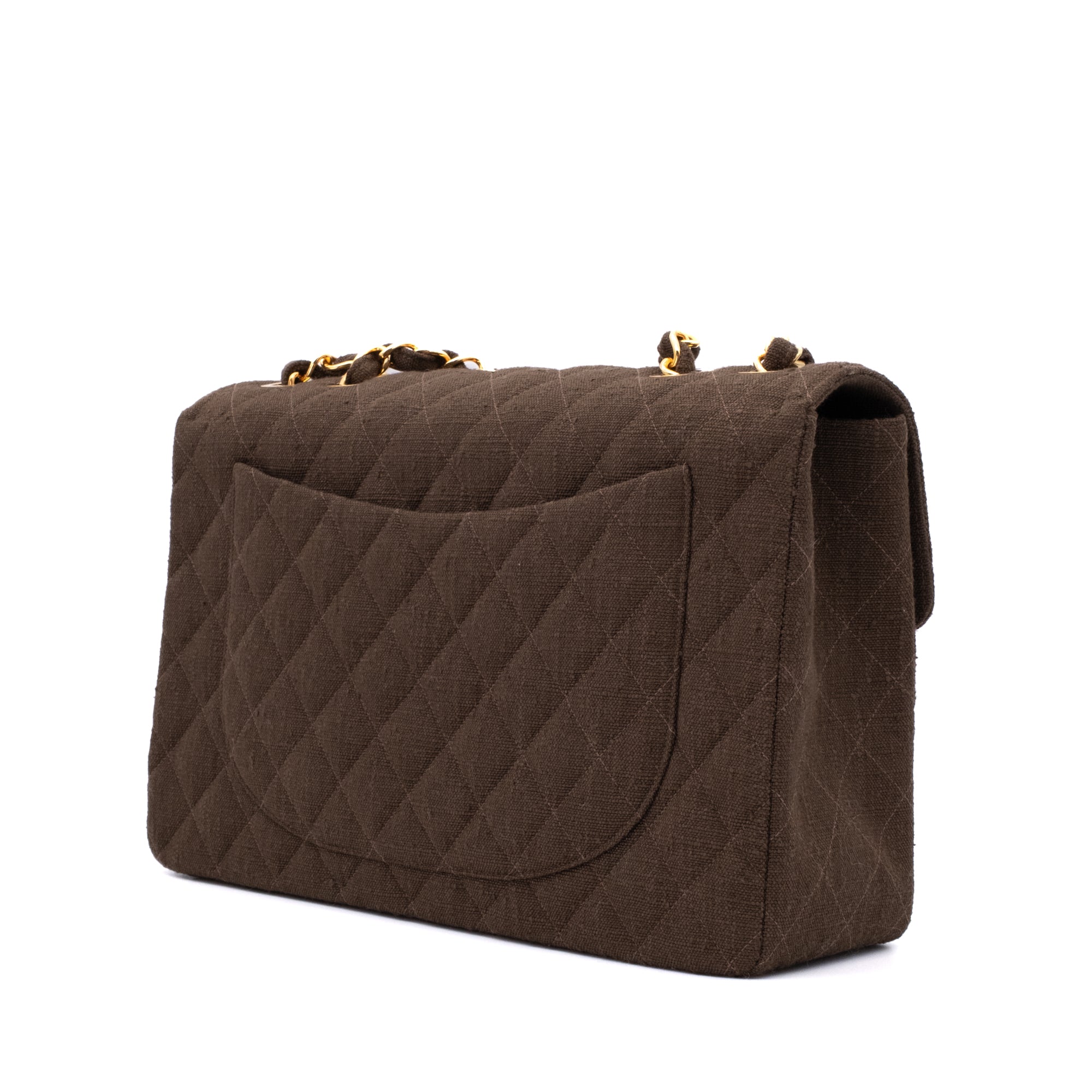 Vintage Chanel Classic Timeless Single Flap Bag in Jumbo Maxi Größe aus braunem Leinen Canvas Material mit goldener Hardware