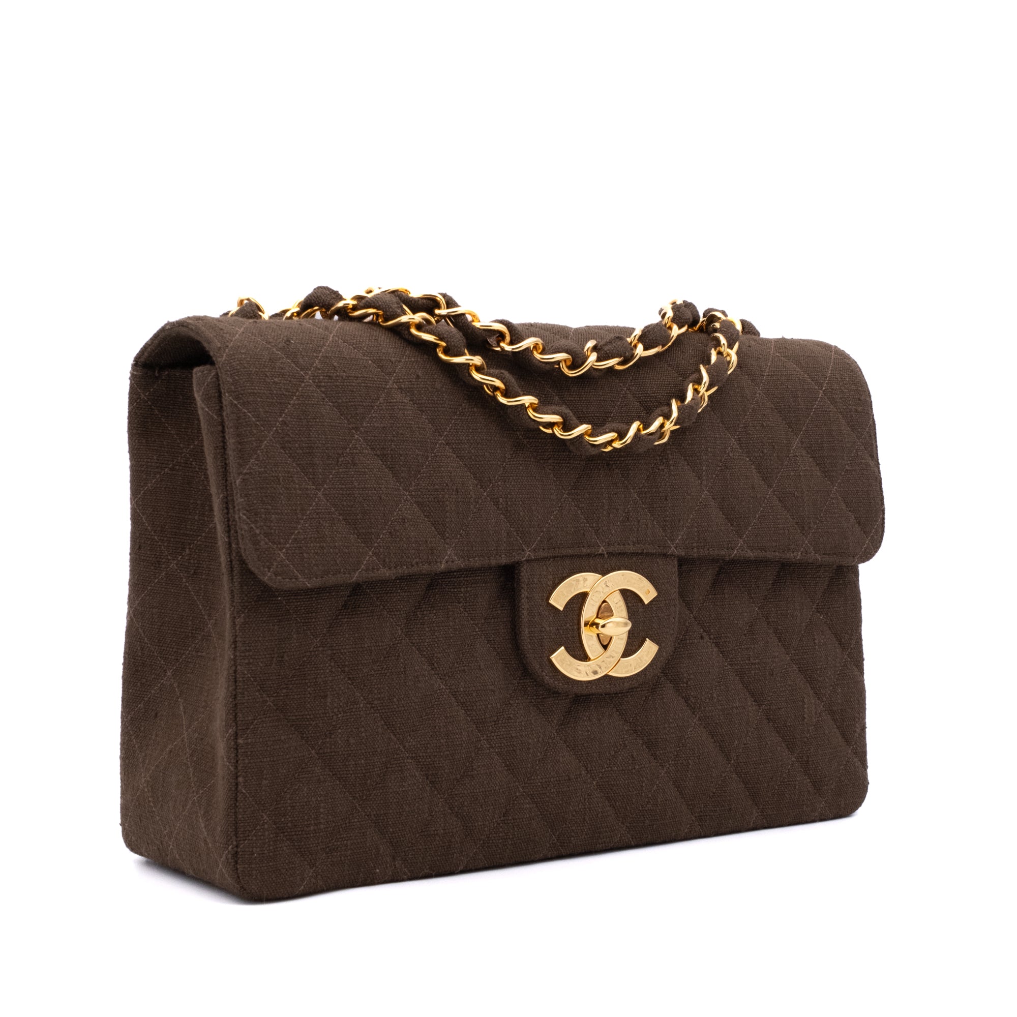 Vintage Chanel Classic Timeless Single Flap Bag in Jumbo Maxi Größe aus braunem Leinen Canvas Material mit goldener Hardware