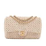 Chanel Classic Single Flap Medium Creme Raffia Crochet GHW