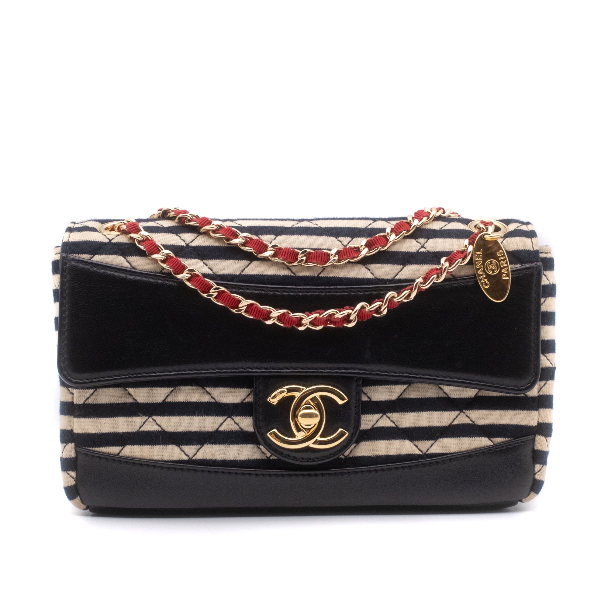 Gestreifte Chanel Timeless Handtasche Single Flap in Dunkelblau und Creme in Small Größe mit goldener Hardware Frontansicht