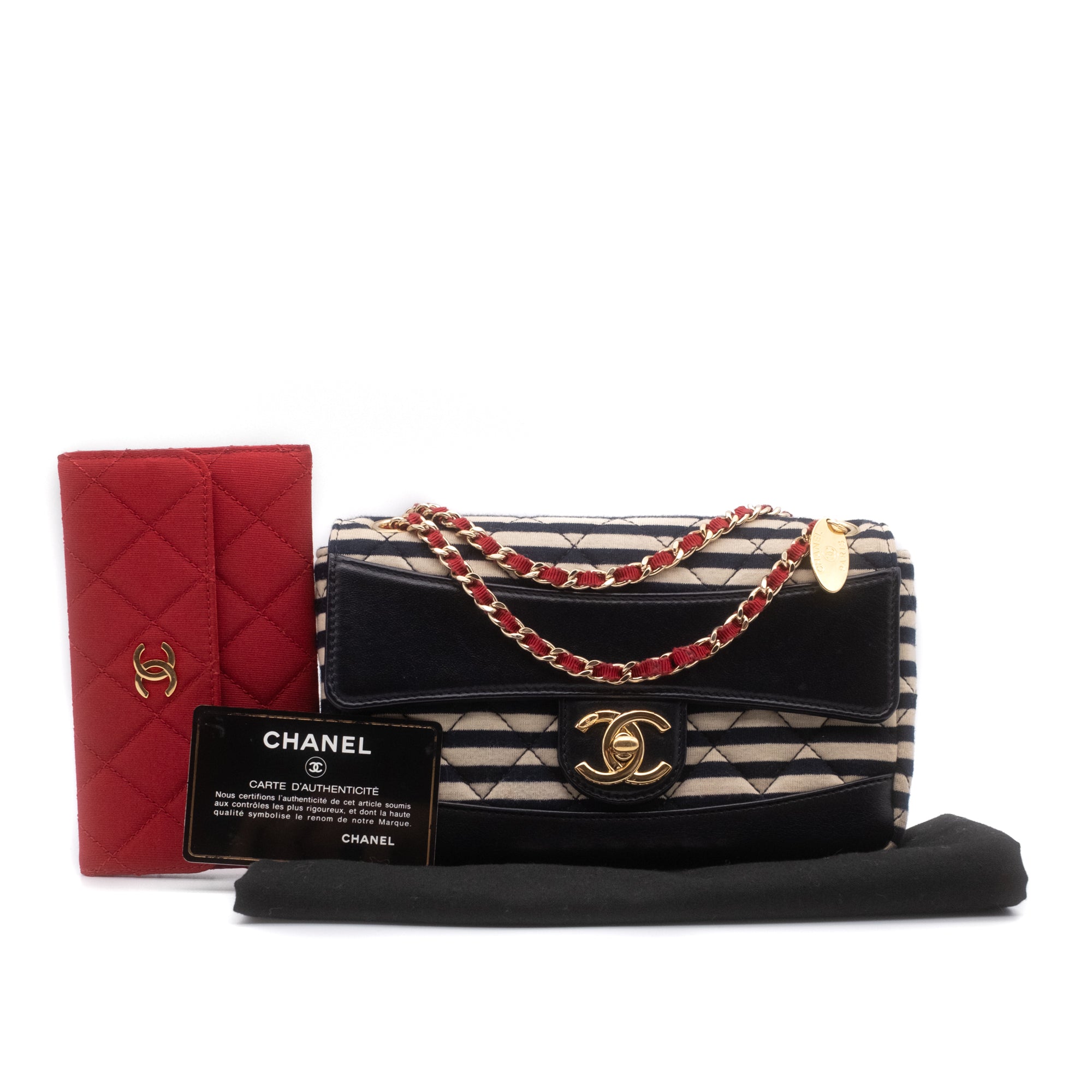 Gestreifte Chanel Timeless Handtasche Single Flap in Dunkelblau und Creme in Small Größe mit goldener Hardware Full Set Lieferumfang 