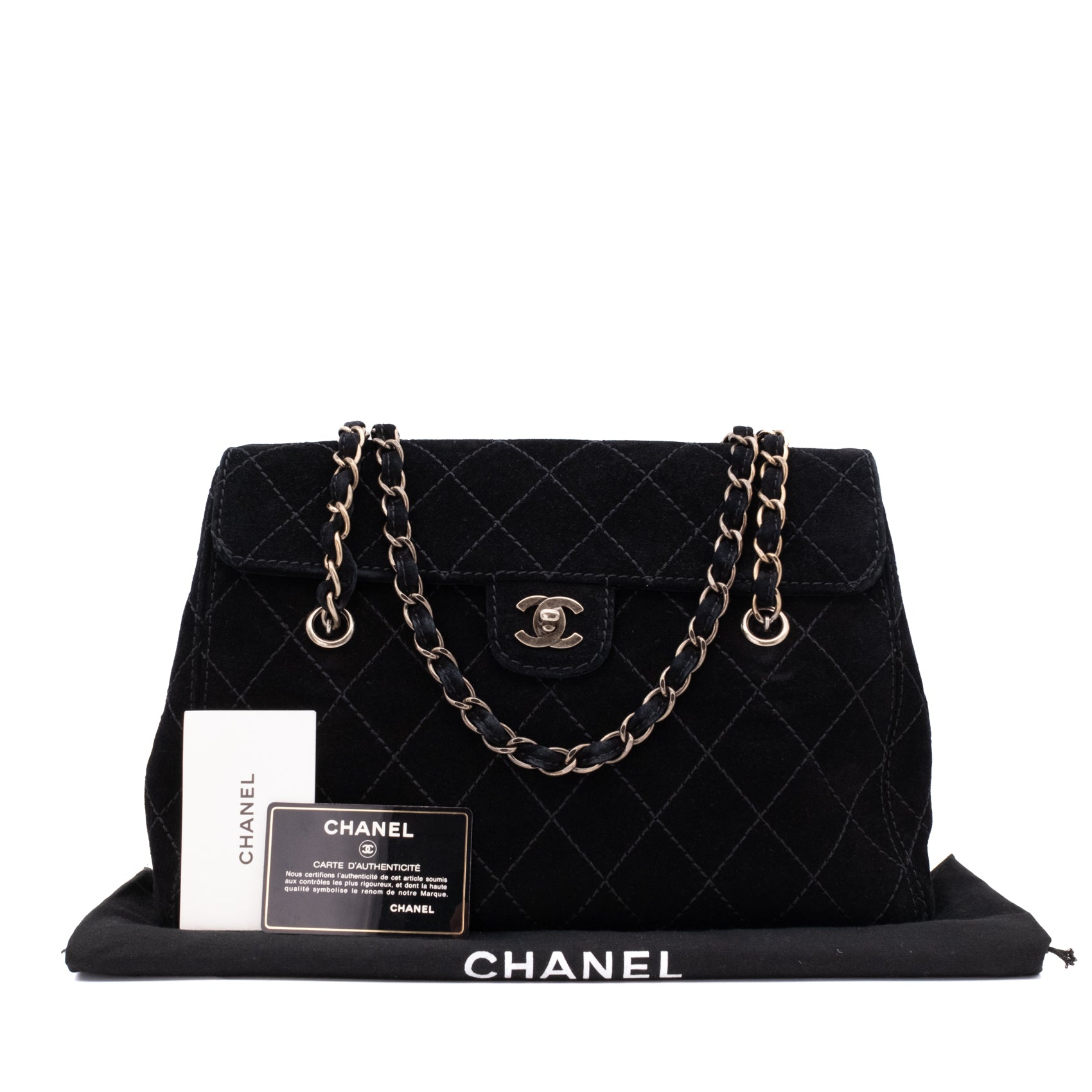 Vintage Chanel Single Flap Schultertasche aus schwarzem Velourleder mit antikgoldener Hardware full set