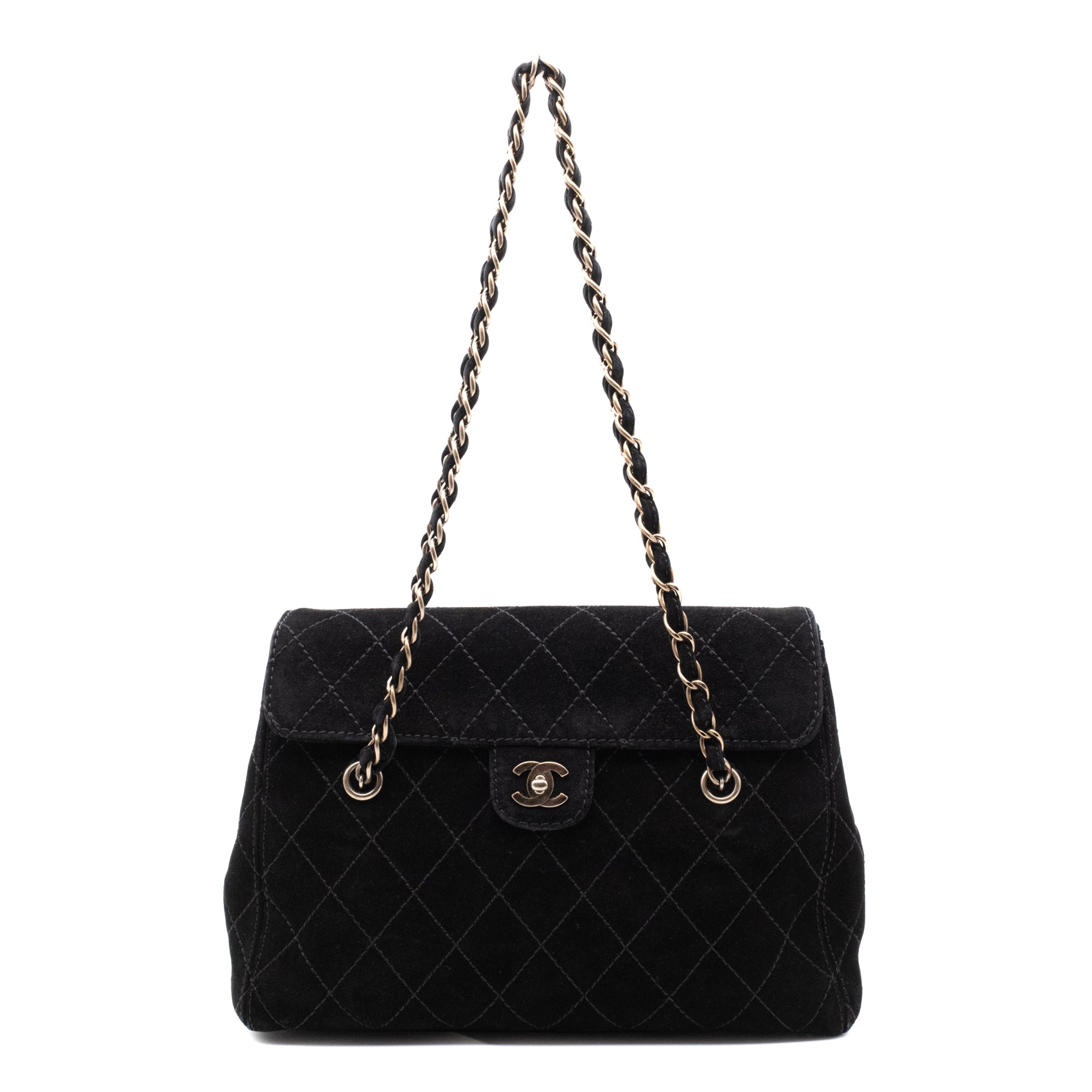 Vintage Chanel Single Flap Schultertasche aus schwarzem Velourleder mit antikgoldener Hardware Vorderseite