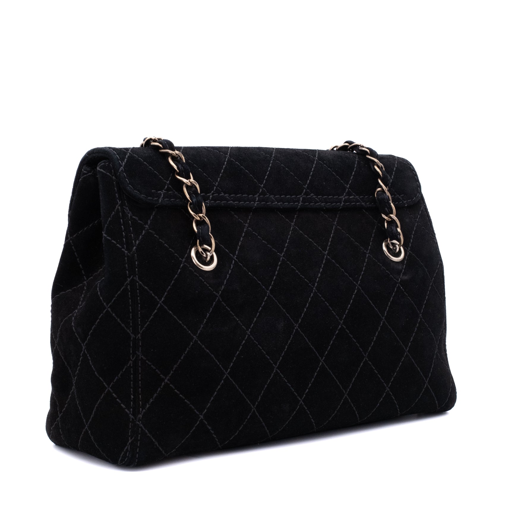 Vintage Chanel Single Flap Schultertasche aus schwarzem Velourleder mit antikgoldener Hardware Rückseite
