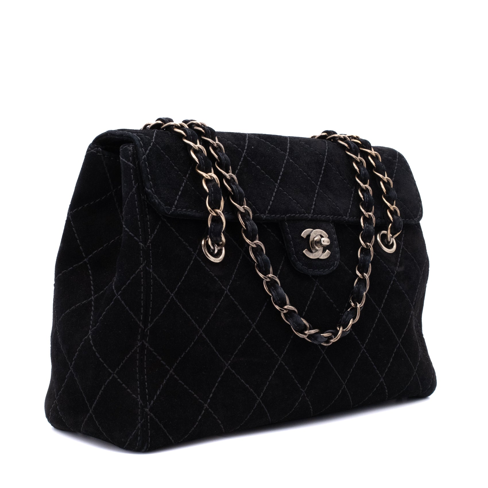 Chanel Single Flap Jumbo Schultertasche Velourleder Schwarz GHW
