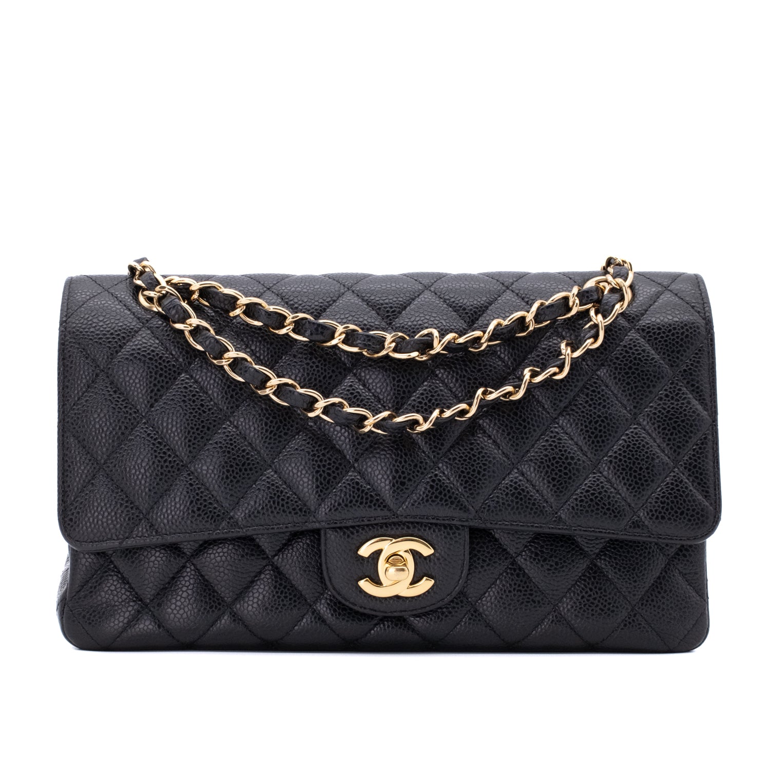 Chanel Classic Timeless Double Flap Bag in Medium Größe aus schwarzem Caviar Leder Material mit goldener Hardware Vorderansicht
