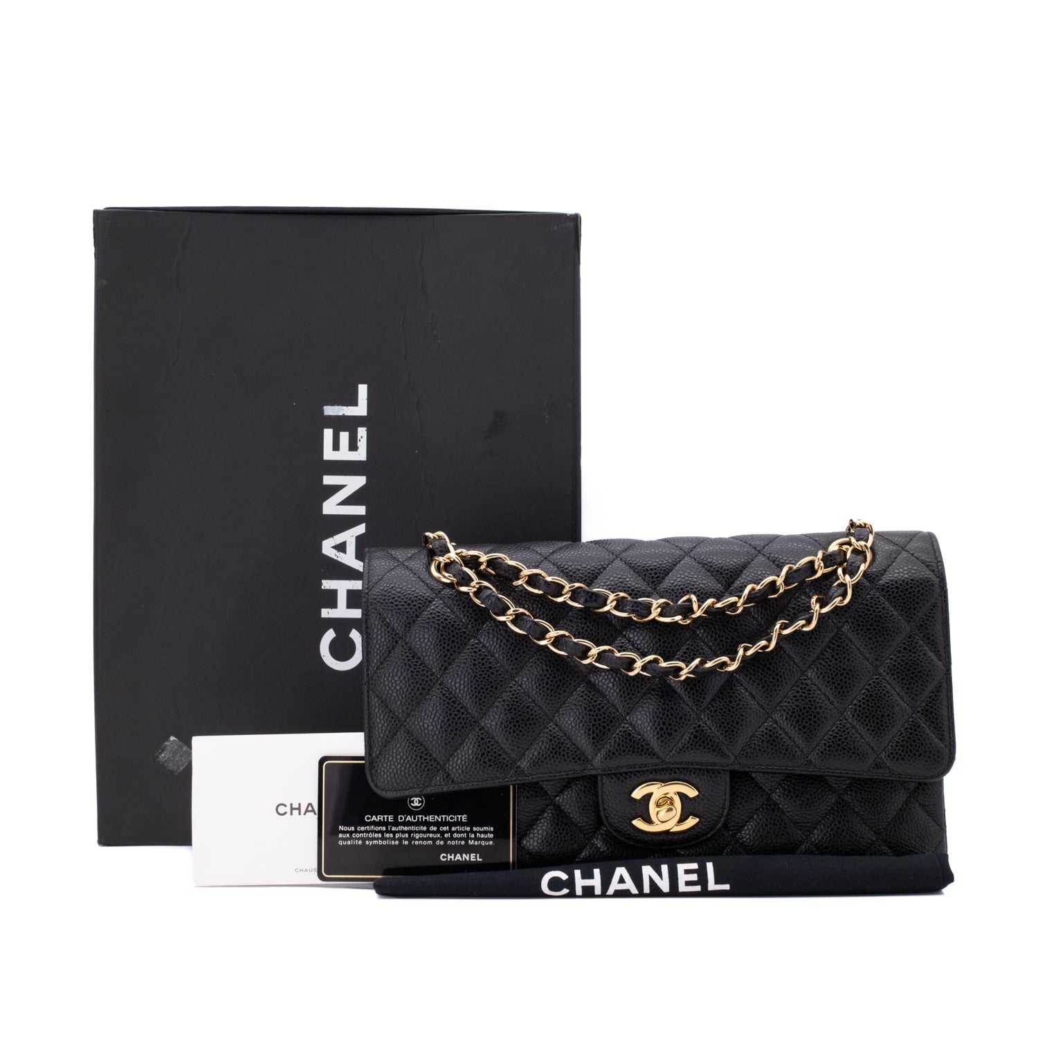 Chanel Classic Timeless Double Flap Bag in Medium Größe aus schwarzem Caviar Leder Material mit goldener Hardware Full Set