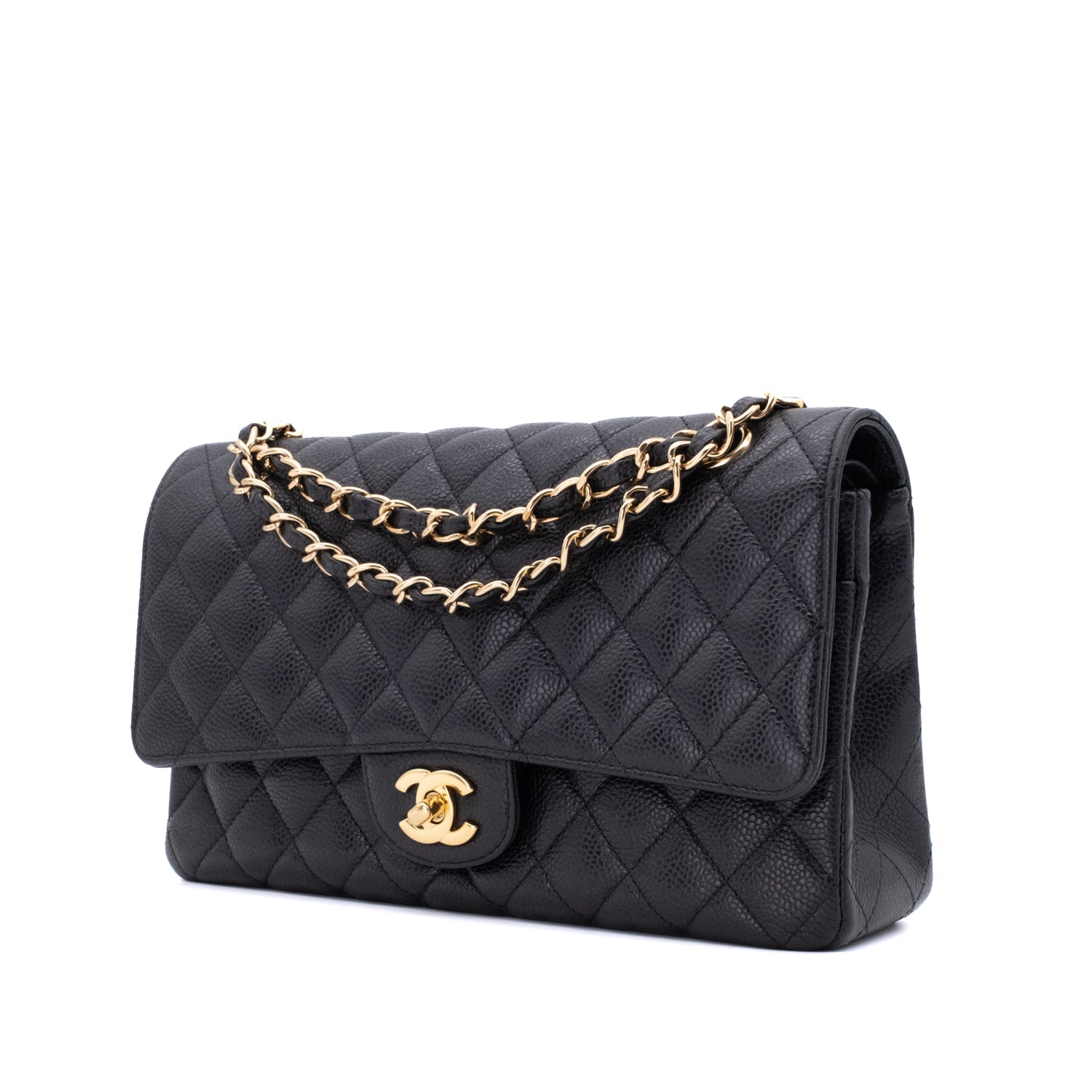 Chanel Classic Timeless Double Flap Bag in Medium Größe aus schwarzem Caviar Leder Material mit goldener Hardware 