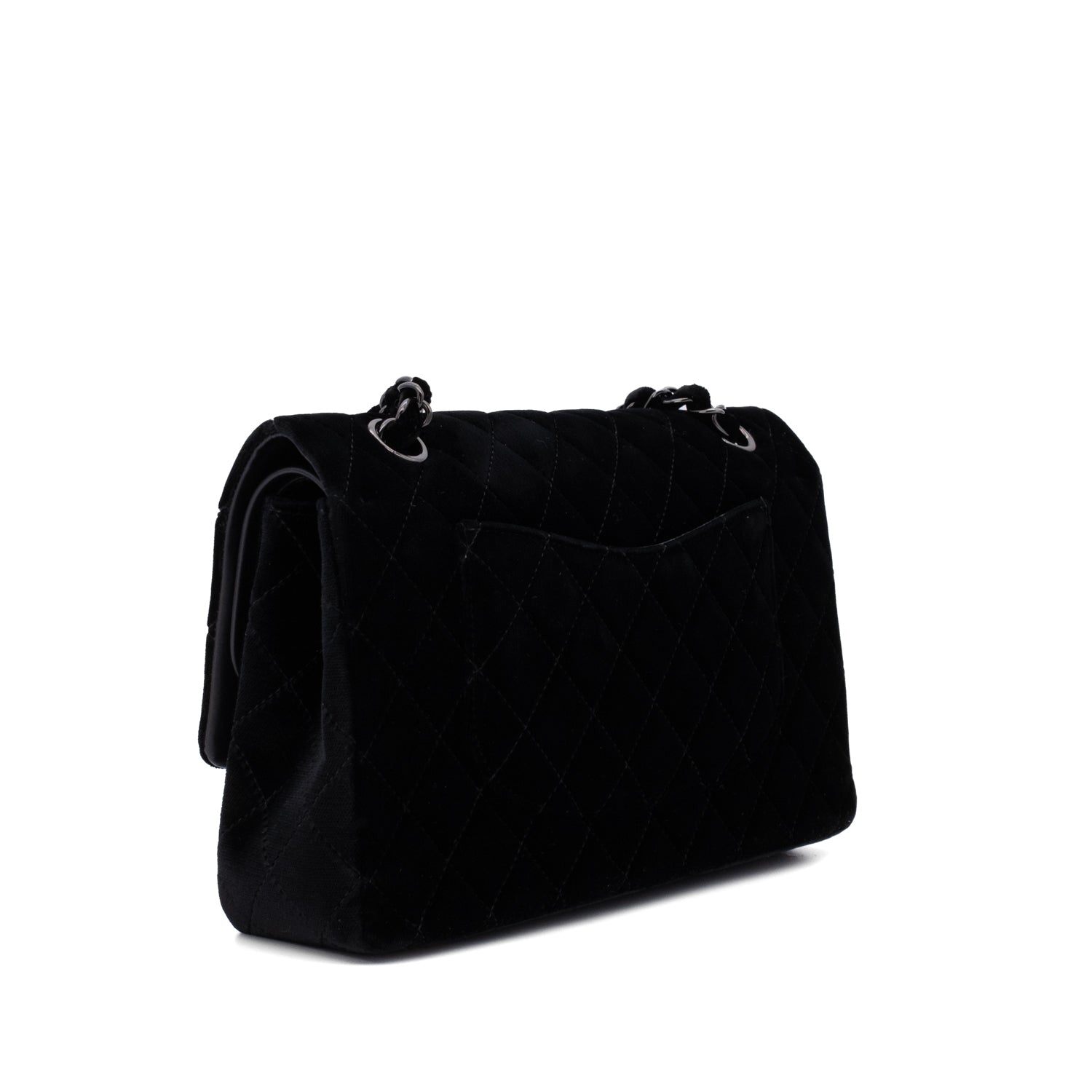 Chanel Classic Timeless Double Flap Bag in Medium Größe aus schwarzem Samt Material mit schwarzer Hardware aus der limitierten All Black Linie