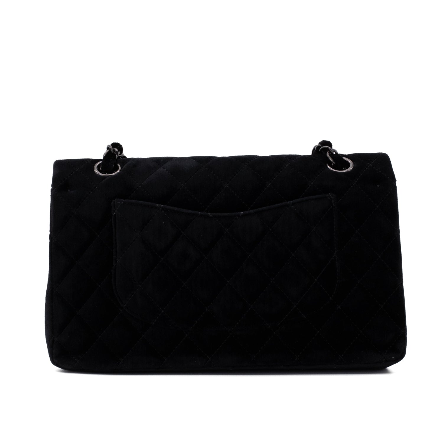 Chanel Classic Timeless Double Flap Bag in Medium Größe aus schwarzem Samt Material mit schwarzer Hardware aus der limitierten All Black Linie