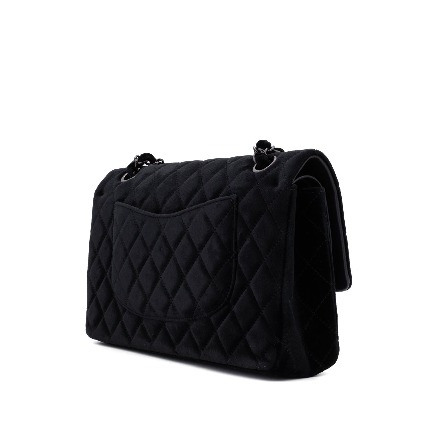 Chanel Classic Timeless Double Flap Bag in Medium Größe aus schwarzem Samt Material mit schwarzer Hardware aus der limitierten All Black Linie