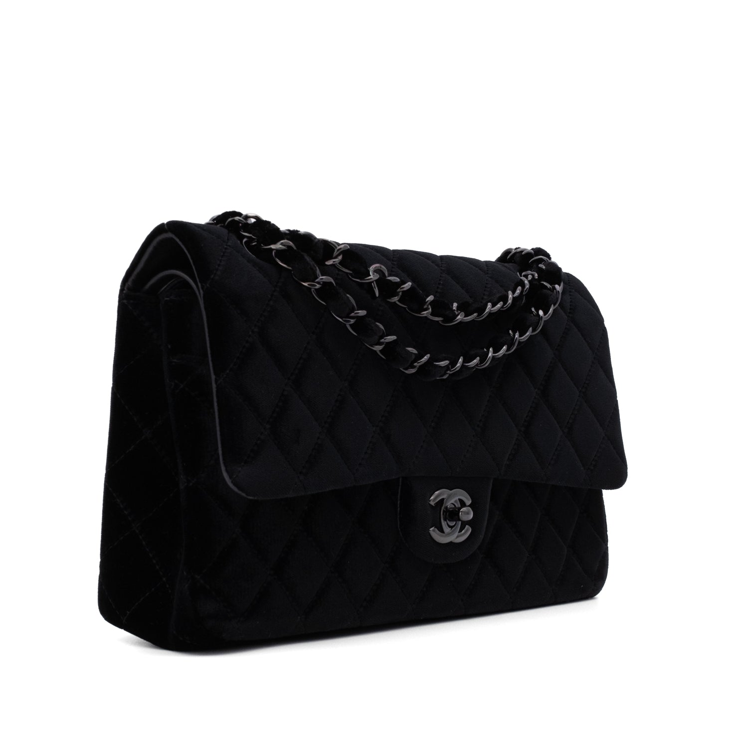 Chanel Classic Timeless Double Flap Bag in Medium Größe aus schwarzem Samt Material mit schwarzer Hardware aus der limitierten All Black Linie
