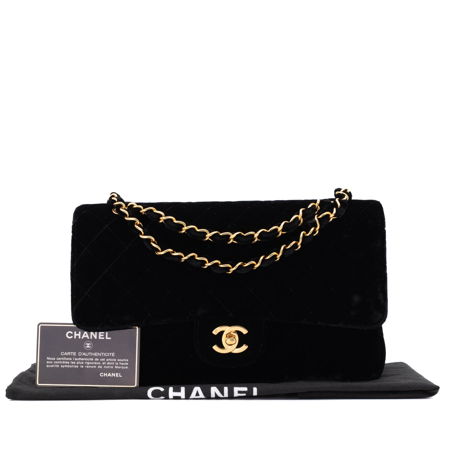 Vintage Chanel Classic Timeless Double Flap Bag in Medium Größe aus schwarzem Samt Material mit goldener Hardware Full Set
