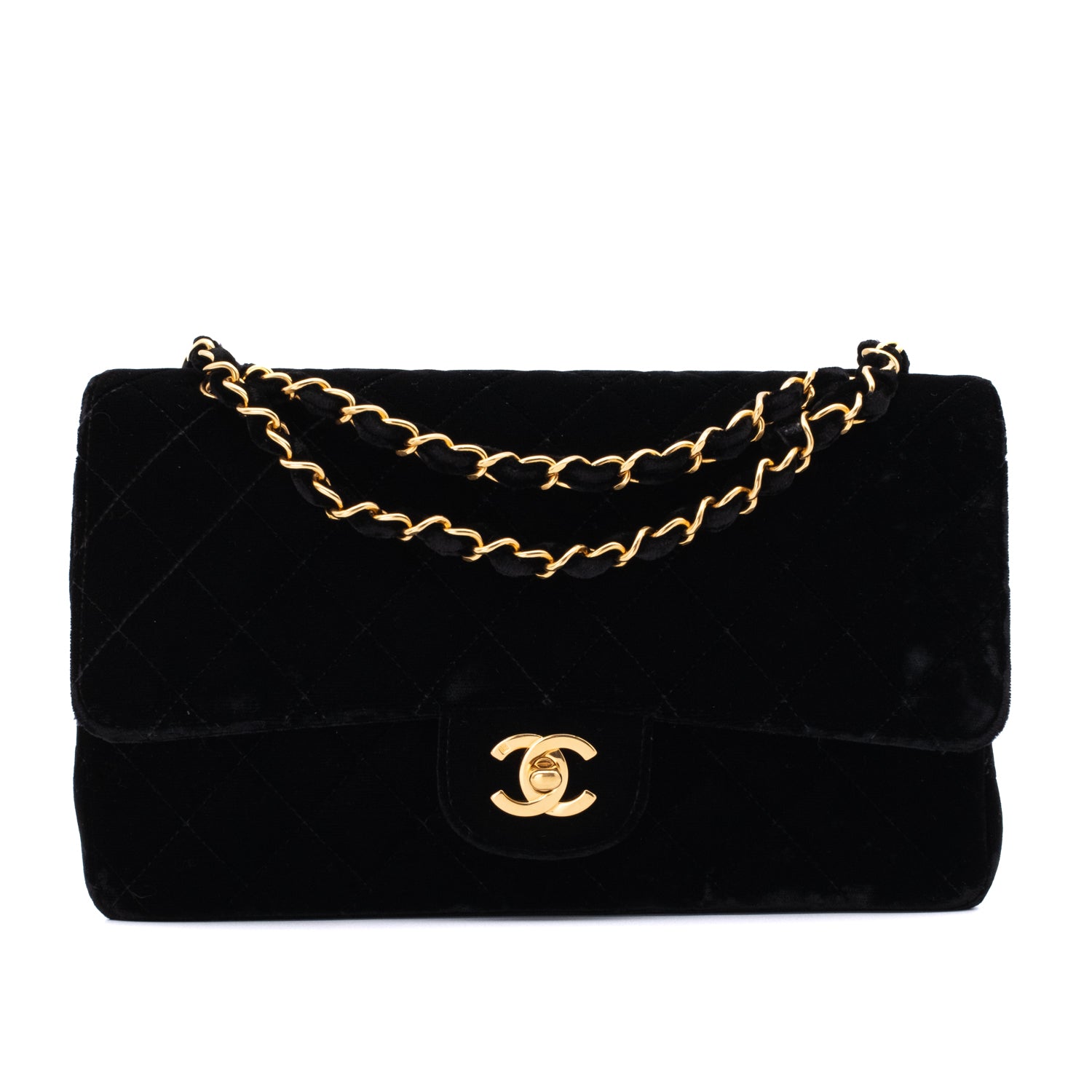 Vintage Chanel Classic Timeless Double Flap Bag in Medium Größe aus schwarzem Samt Material mit goldener Hardware Vorderansicht