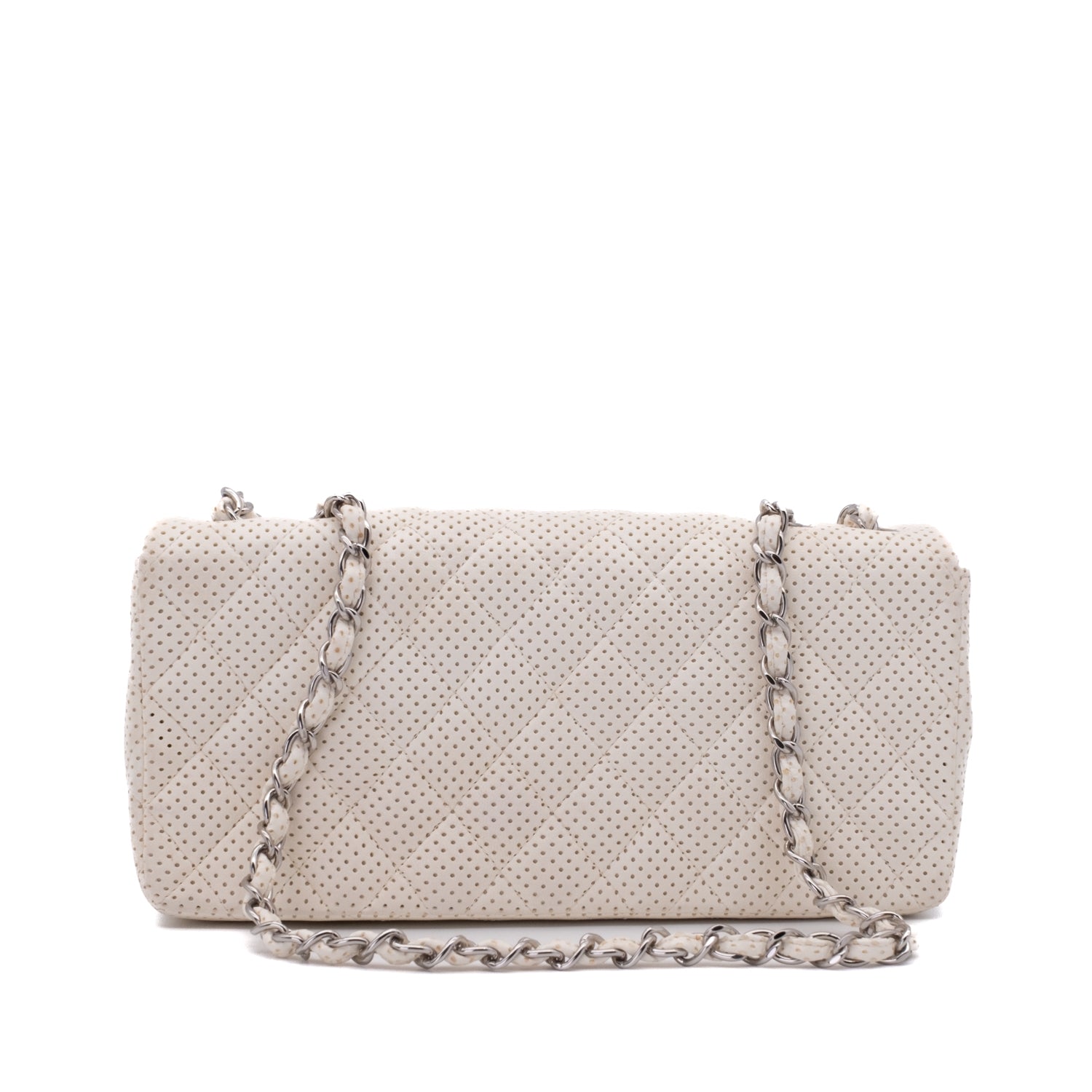 Weisse Chanel East West Single Flap Bag in Medium Größe aus perforiertem löchrigen Lammleder mit silberner Hardware