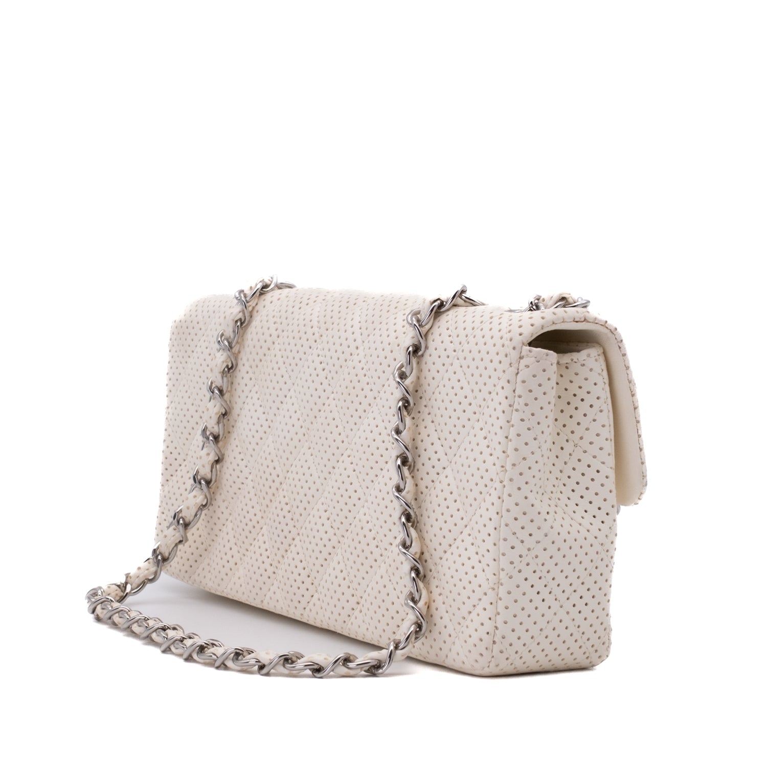 Weisse Chanel East West Single Flap Bag in Medium Größe aus perforiertem löchrigen Lammleder mit silberner Hardware