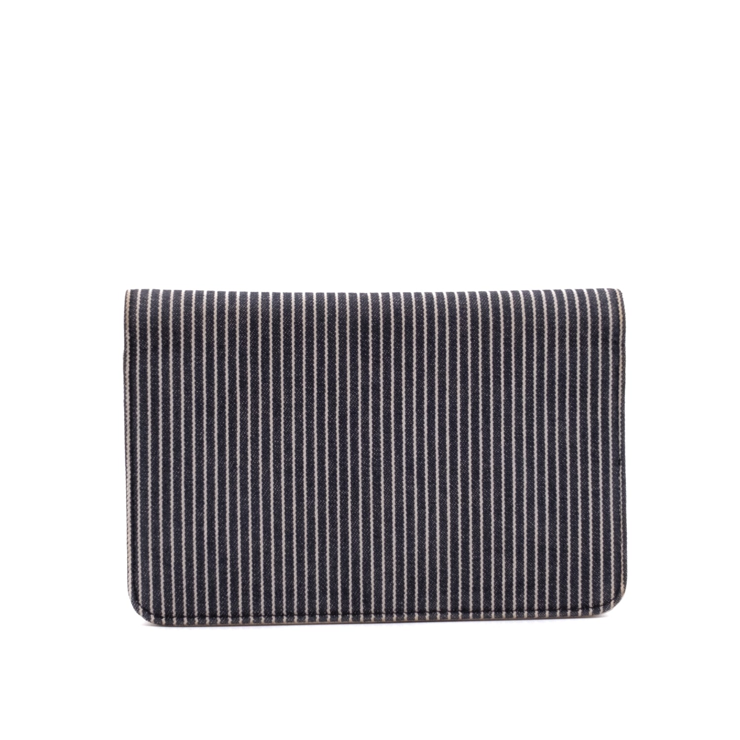 Gestreifte Chanel Wallet on Chain WOC Handtasche aus Blau Weiss Jeans Material mit Off-White Caviar Leder und silberner Hardware