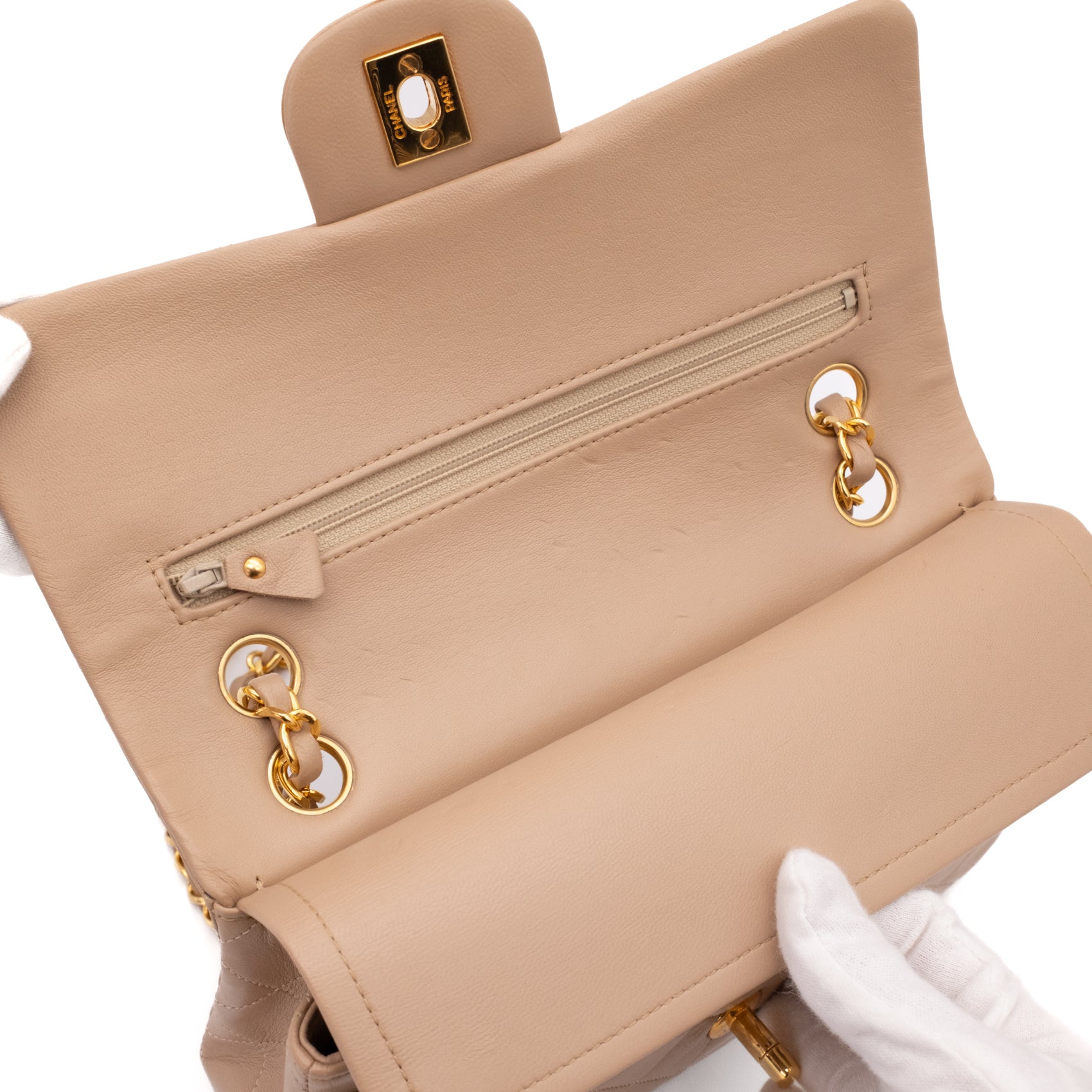 Chanel Classic Double Flag Bag Small Beige Lammleder 24k GHW