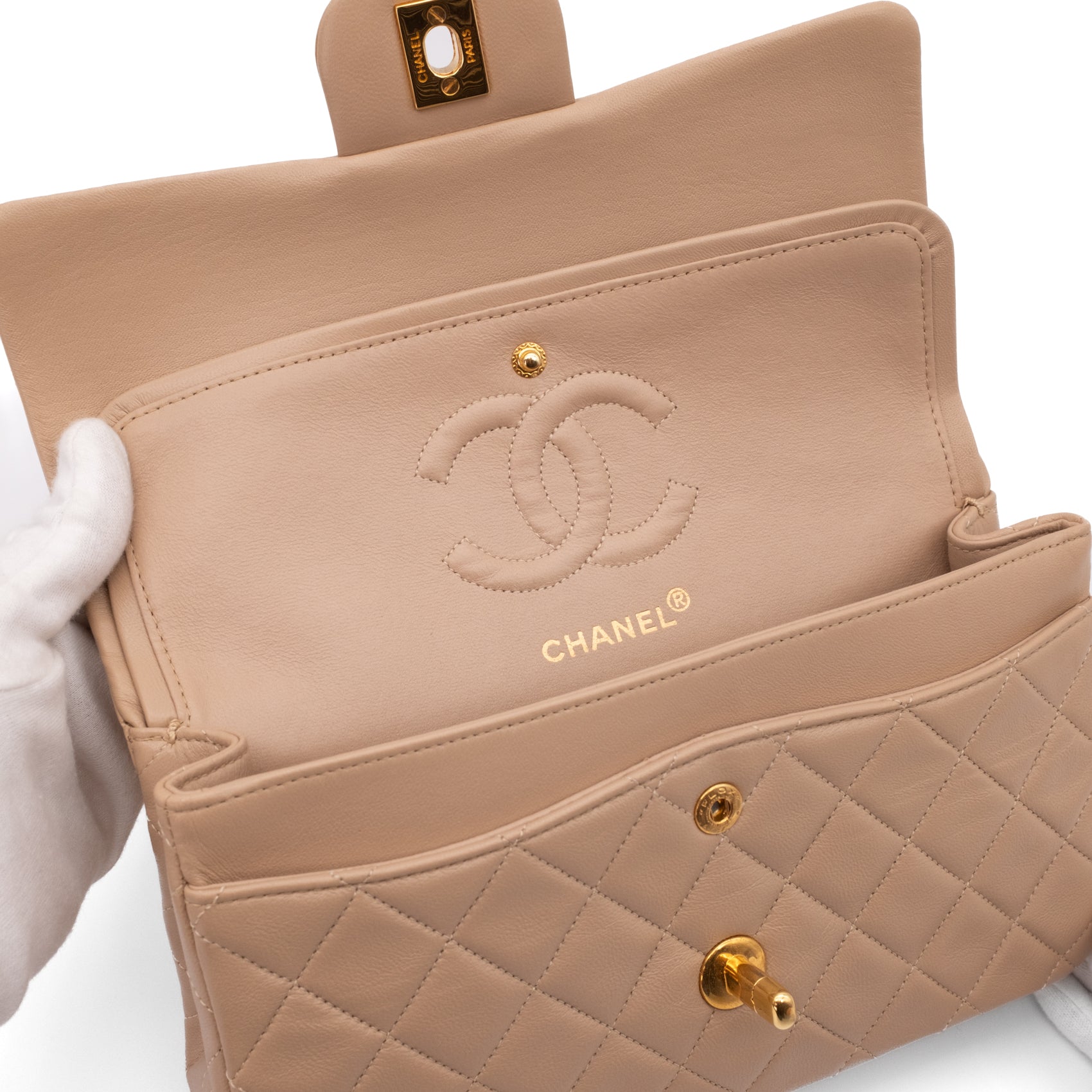 Chanel Classic Double Flag Bag Small Beige Lammleder 24k GHW